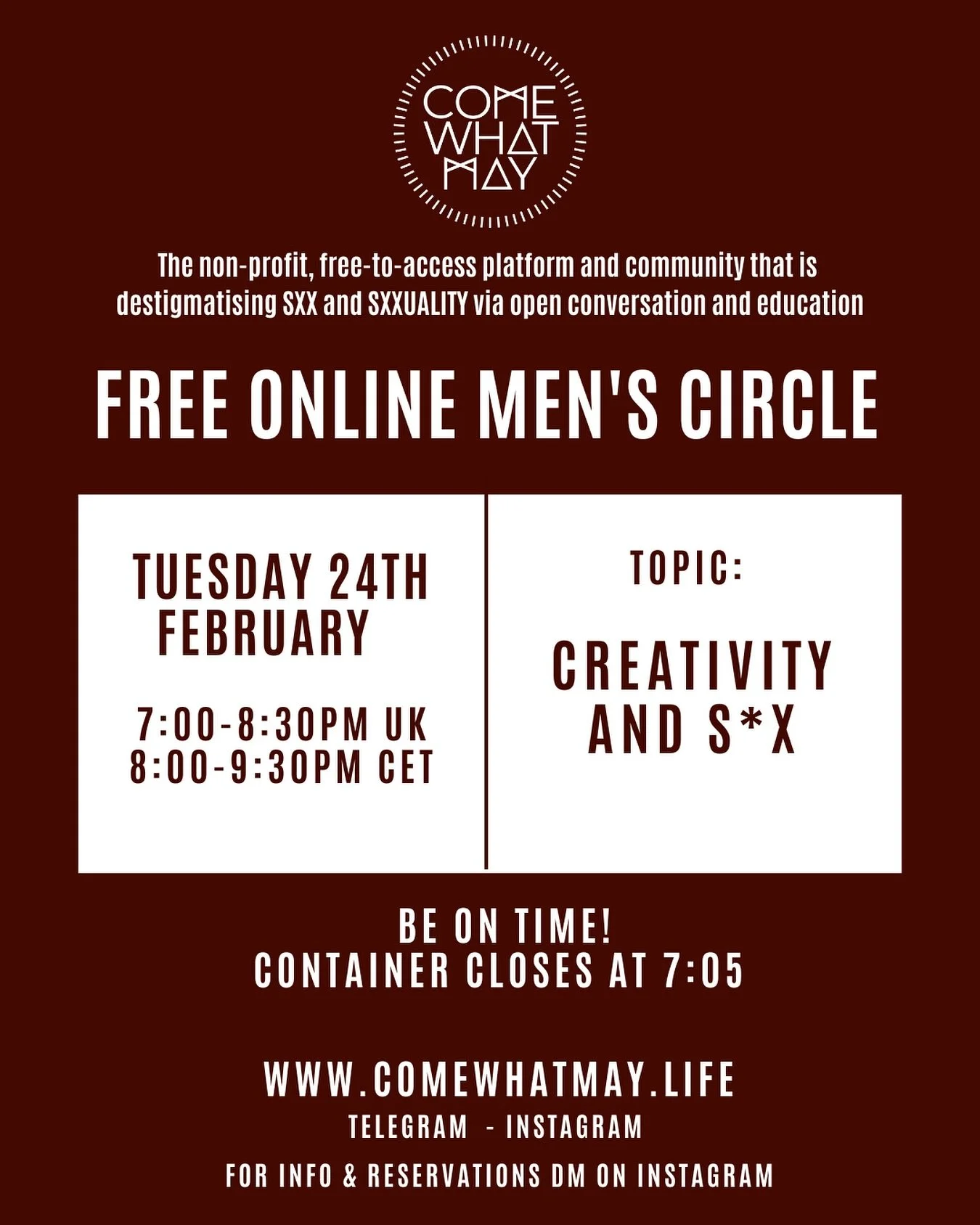 Join us for a Men&rsquo;s Circle on Tuesday&hellip;

THEME: CREATIVITY &amp; SX

We have a lovely topic to explore this week. Come along and feel into how your creativity links with your s@xuality and how you may like to bring even more creative ener