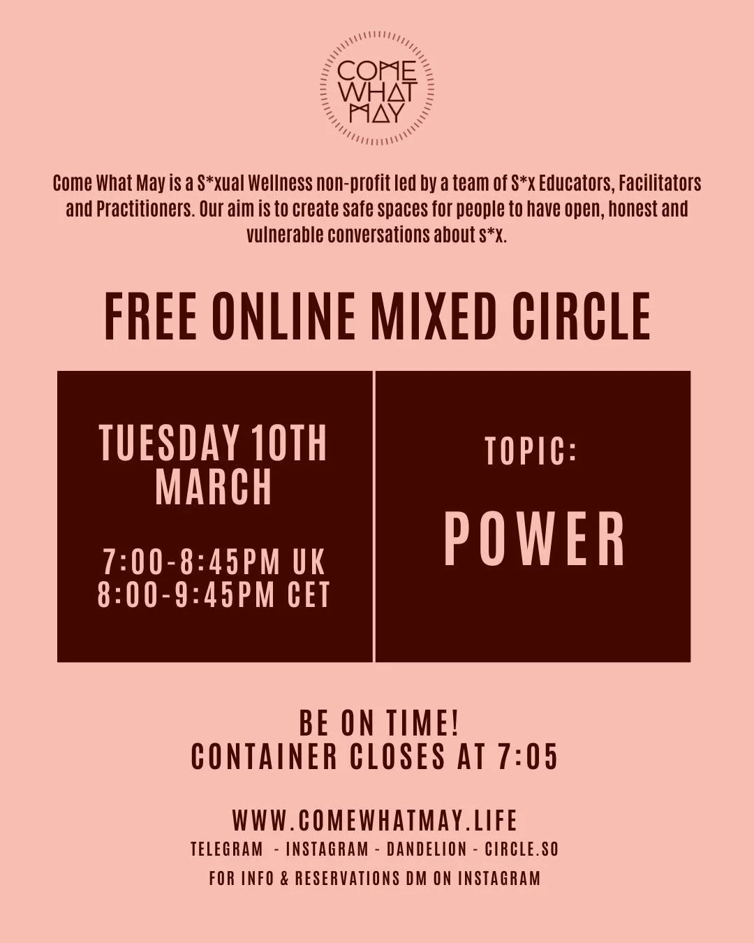 Join us in Circle on Tuesday:

Our theme: Power

Power is present in all secsual connection &mdash; sometimes as attraction and polarity, sometimes as control, surrender, or care. In this circle, we&rsquo;ll explore how power shows up in our secsuali