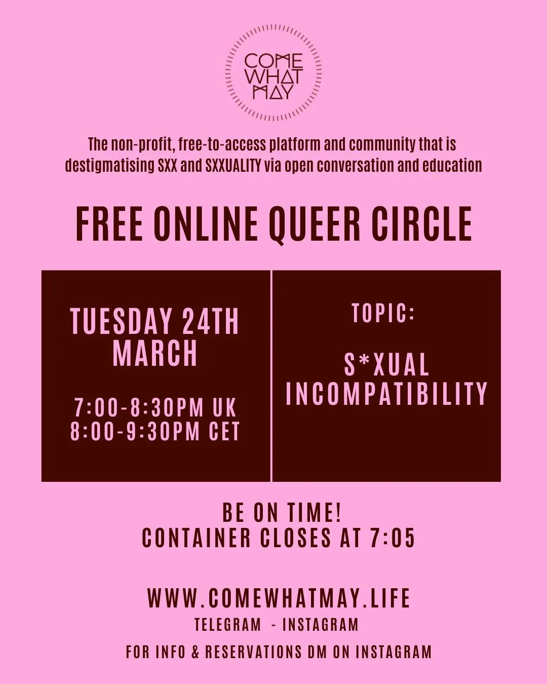 Join us in Circle on Tuesday!

Our theme: S*xual Incompatibility!

S*xual incompatibility is rarely just about s*x . 
It often lives at the intersection of desire, safety, shame, power, trauma, communication, and unmet emotional needs. In long-term r