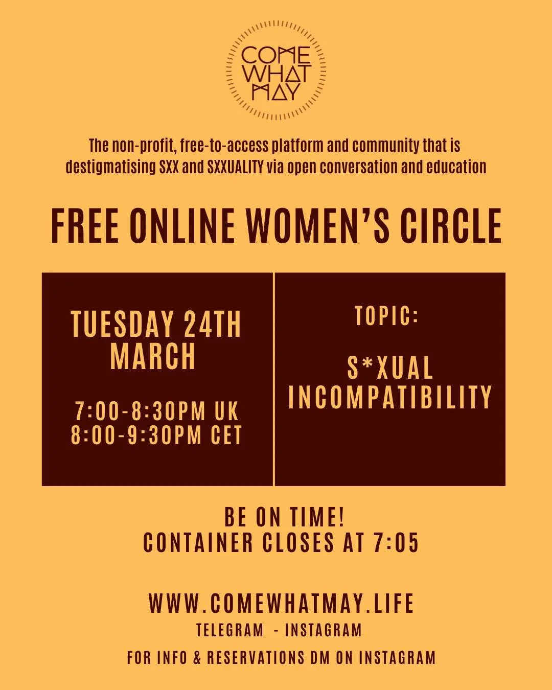 Join us in Circle on Tuesday!

Our theme: S*xual Incompatibility!

S*xual incompatibility is rarely just about s*x . 
It often lives at the intersection of desire, safety, shame, power, trauma, communication, and unmet emotional needs. In long-term r