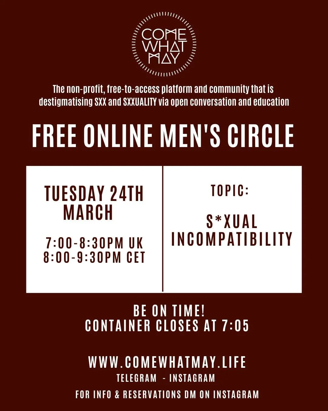 Join us in Circle on Tuesday!

Our theme: S*xual Incompatibility!

S*xual incompatibility is rarely just about s*x . 
It often lives at the intersection of desire, safety, shame, power, trauma, communication, and unmet emotional needs. In long-term r