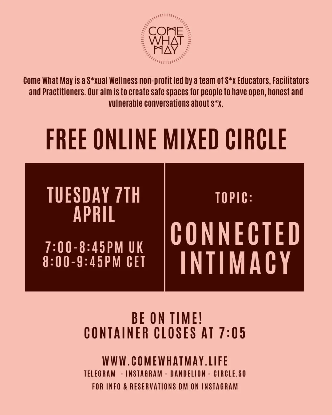 A space to remember, explore, and honour intimacy as a pathway to presence, love, and conscious connection.

This circle is an invitation to explore intimacy through the lens of connection, presence, and love.

Together, we will reflect on those mome