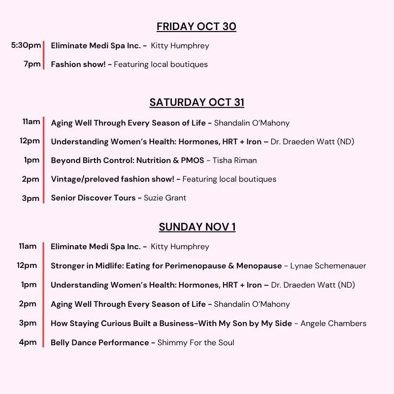 Event schedule poster for a weekend event from October 30 to November 1, listing activities such as fashion shows, wellness talks, health education, a vintage fashion show, tours, a dance performance, and parenting resources.