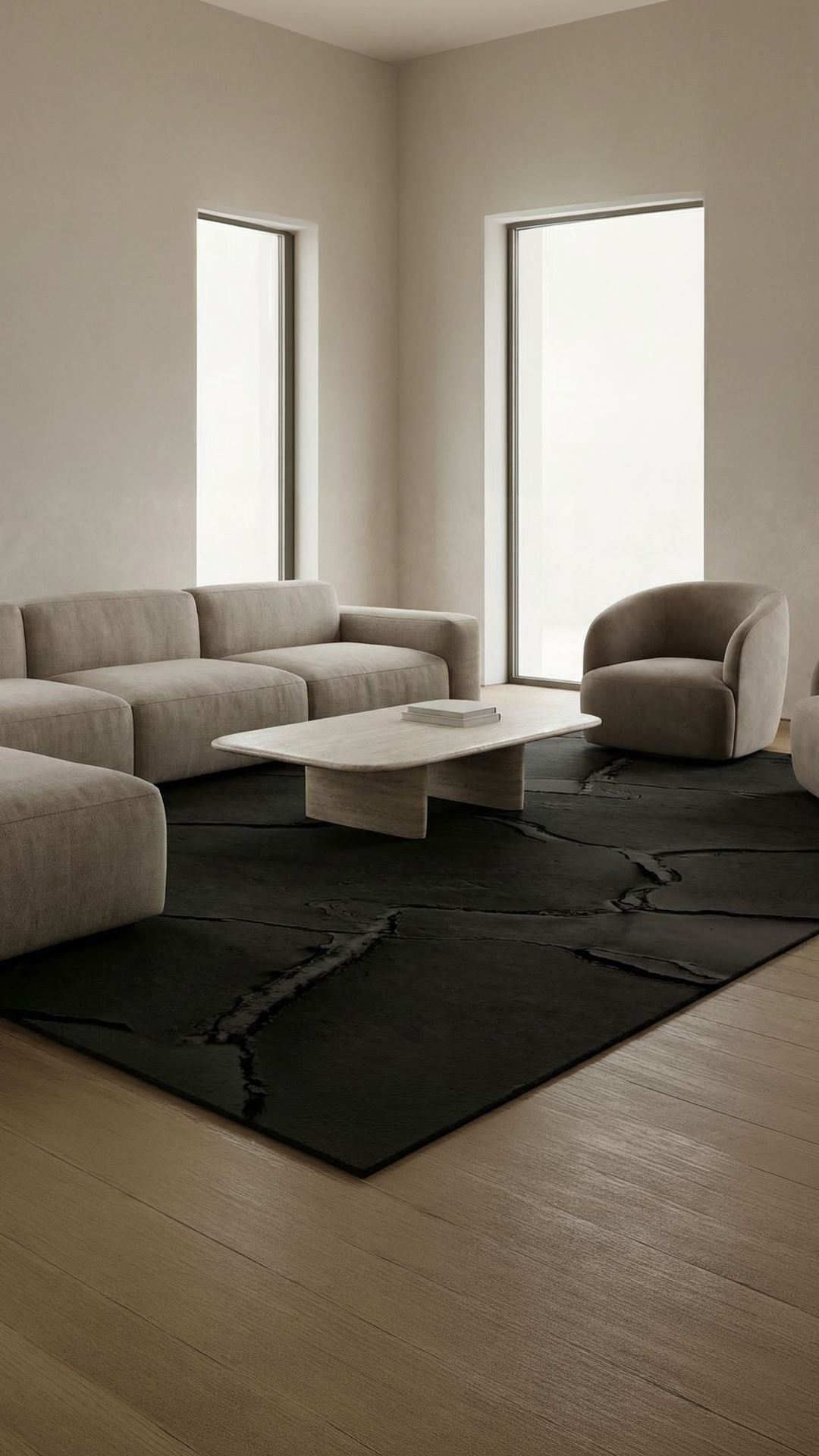 Minimalist living room with beige sofa and armchair, black patterned rug, marble coffee table, and large windows with natural light.