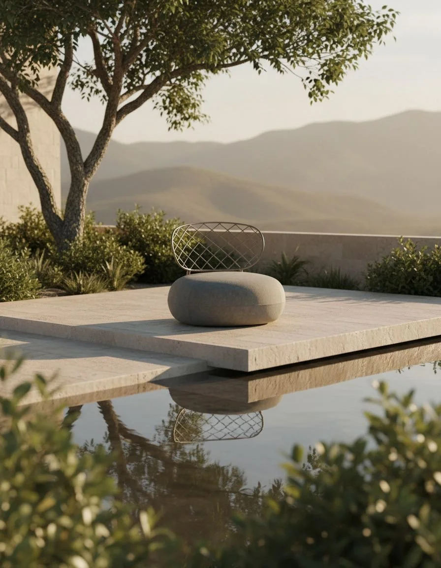 Two modern wireframe chairs with rounded stone bases on a outdoor patio with a textured rug, overlooking lush green foliage and trees at sunset.