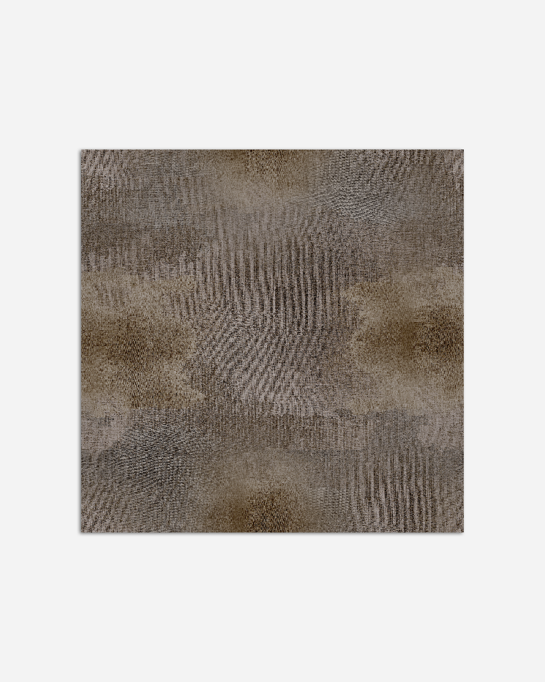 Close-up of a textured, patterned fabric with a mix of brown, beige, and gray colors.
