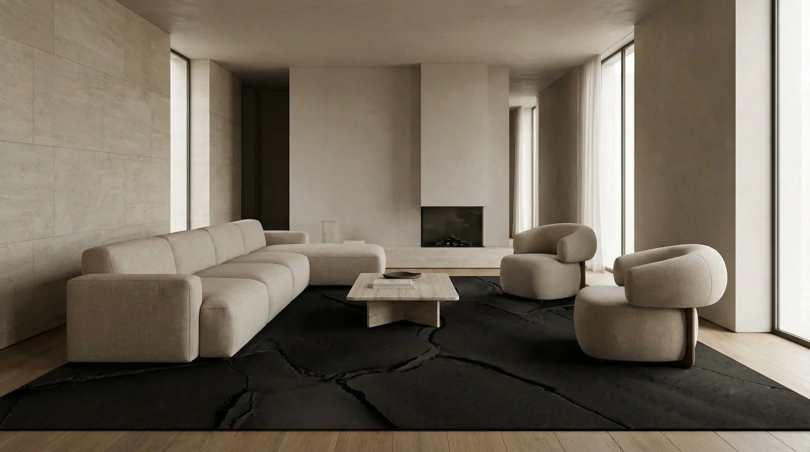 Minimalist living room with beige sofa, two beige armchairs, a black patterned rug, a stone coffee table, and a fireplace, with large windows and sheer curtains.