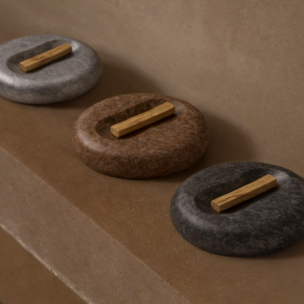 Three round stone holders with wooden sticks on top, placed on a beige surface against a beige background.