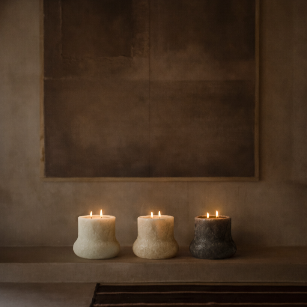 Three lit candles in varying shades of white, beige, and gray placed on a ledge in front of a neutral-toned wall with a large, empty frame or mural behind them.
