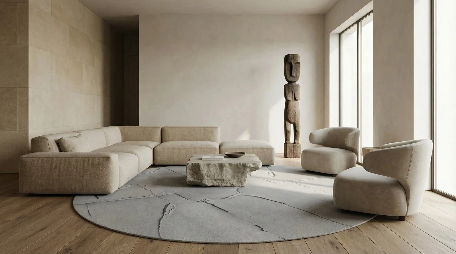 Minimalist living room with beige sectional sofa, two beige armchairs, a round area rug with marble pattern, a rectangular stone coffee table, a tall wooden sculpture, and large windows with natural light.