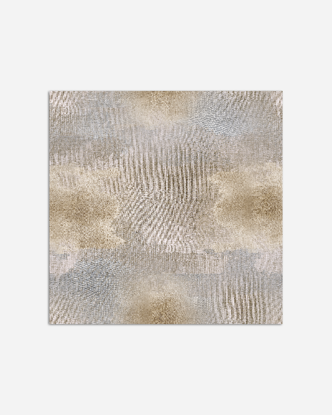 Abstract textured square artwork with beige, gold, silver, and gray tones and various dotted and striped pattern areas.