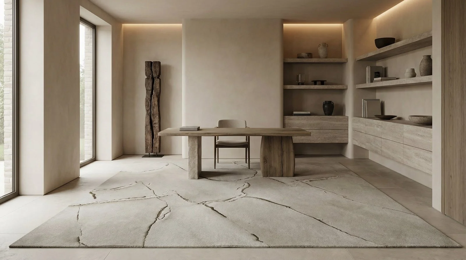 Minimalist interior with a modern desk, abstract rug, wooden shelves with decorative objects, and large windows letting in natural light.