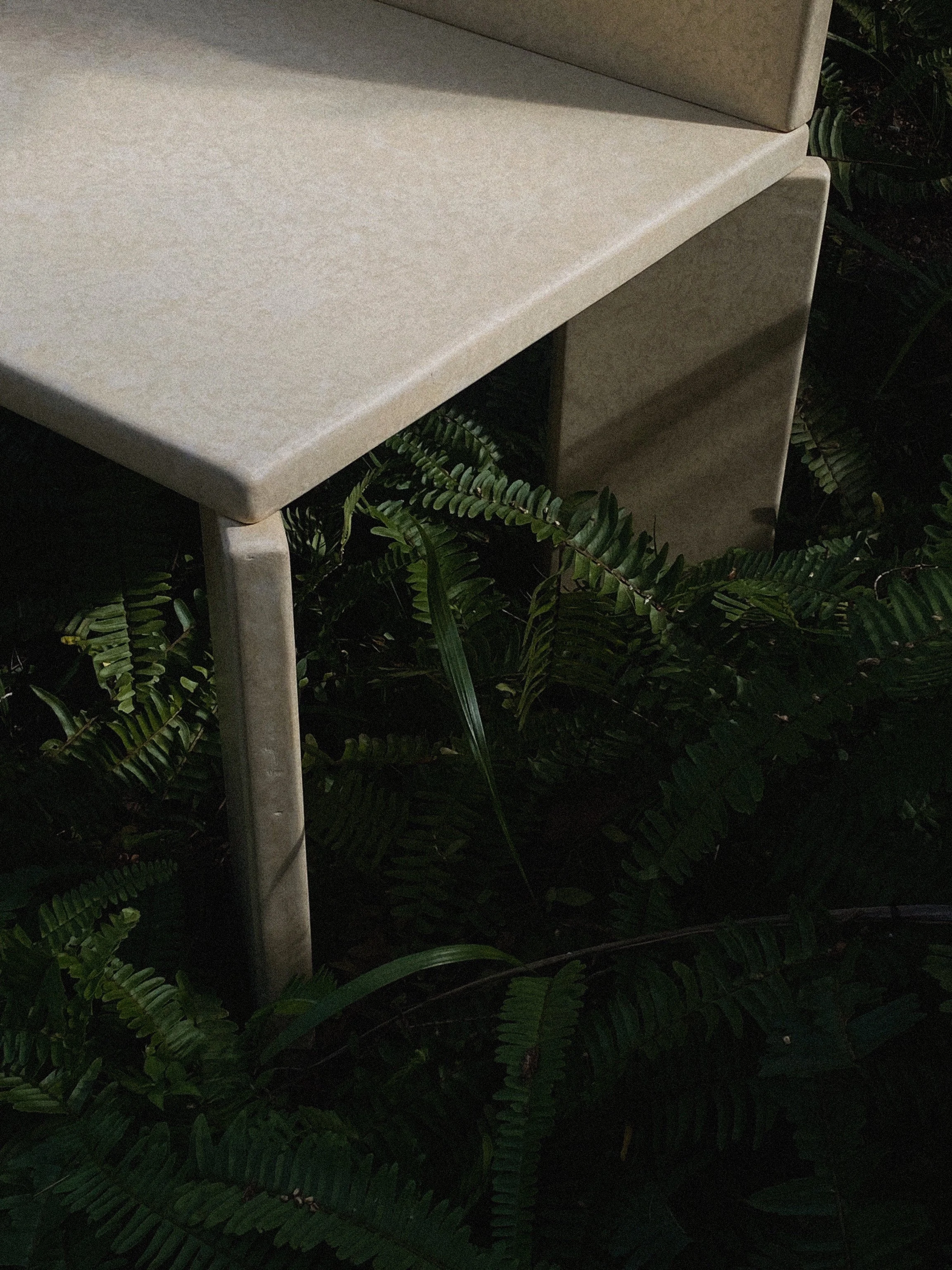 Close-up of a beige stone or concrete structure with green ferns around its base, taken in a natural outdoor setting.