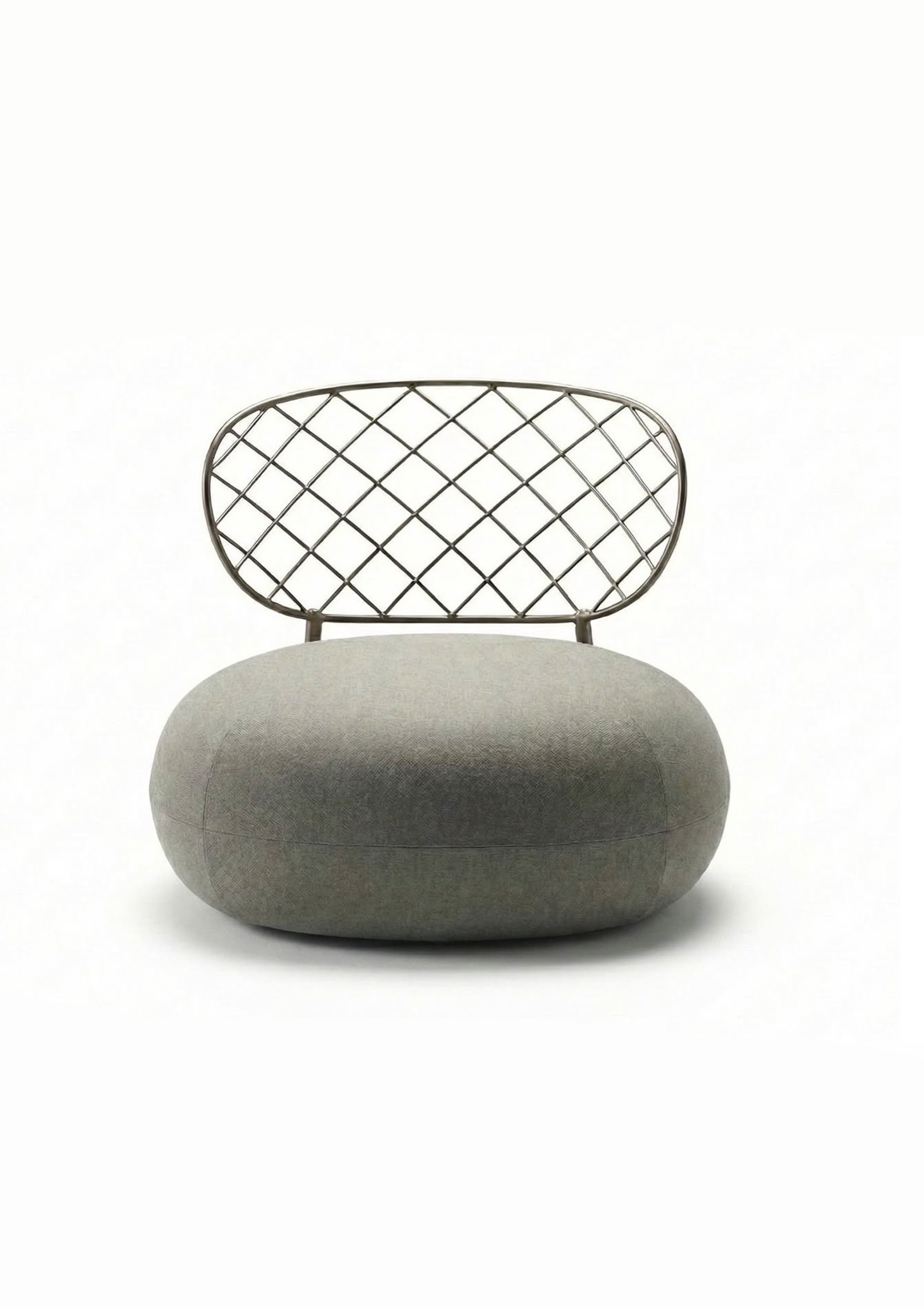 Gray upholstered ottoman with a wireframe backrest in a minimalistic style.