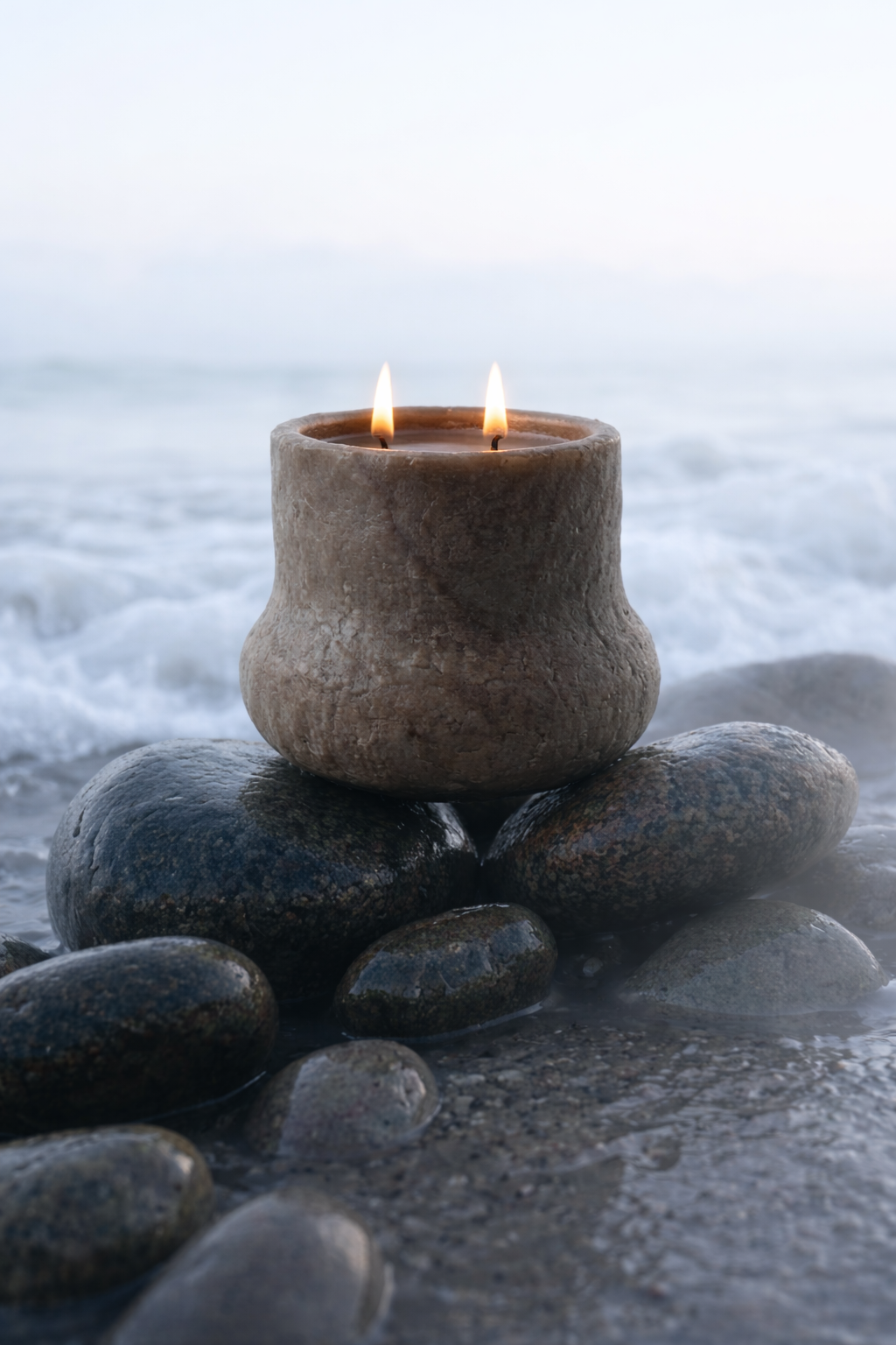 A lit candle in a stone holder resting on rocks at the beach with ocean waves in the background.