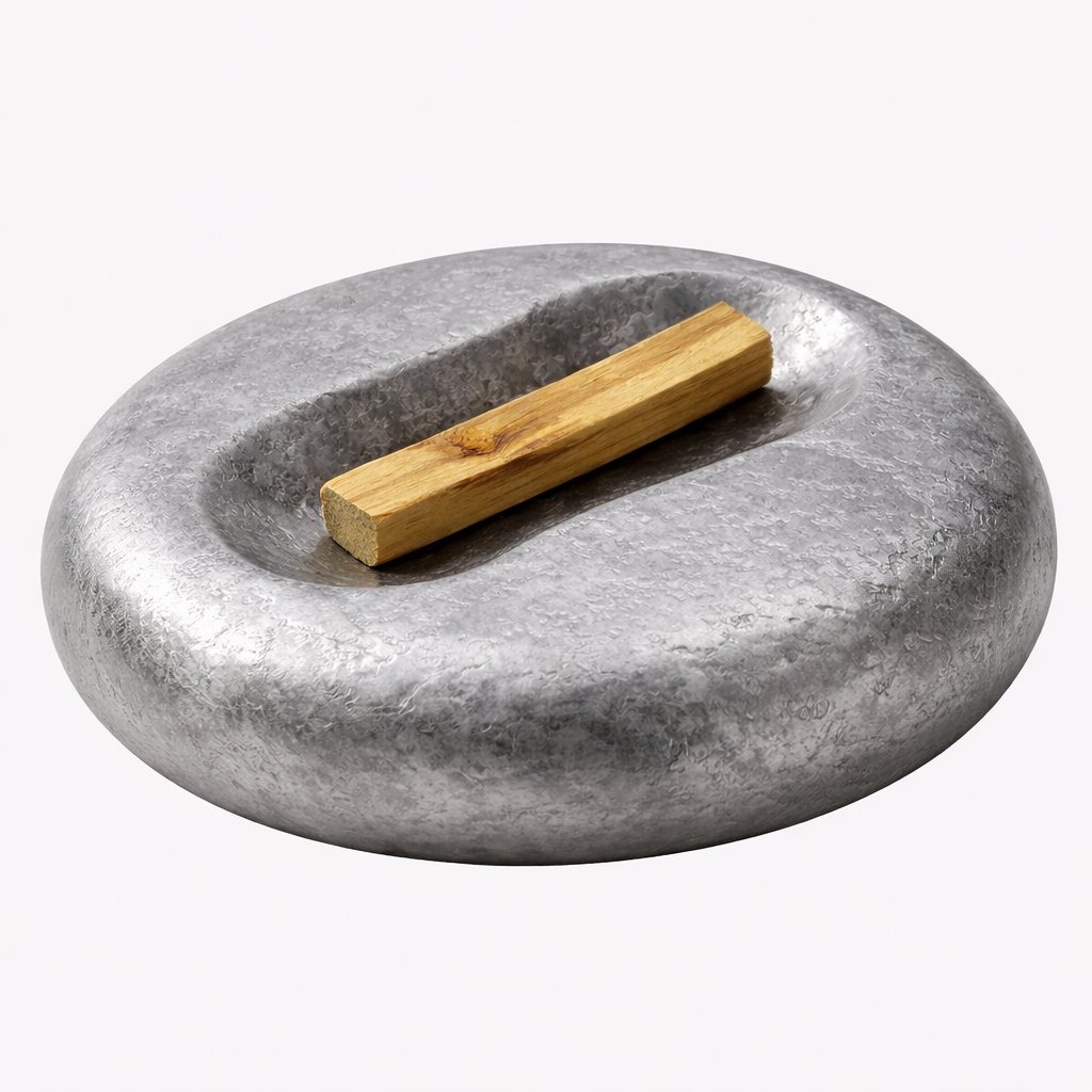 A gray stone ashtray with a wooden stick resting in the middle, set against a plain white background.