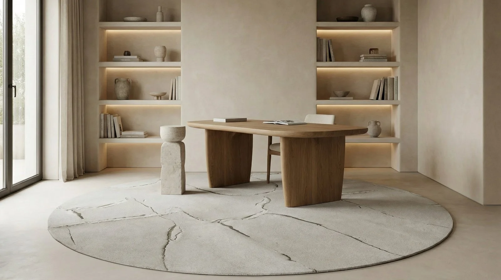 Minimalist home office with a round cream rug, a wooden desk, and built-in shelves with decor. Natural light from a large window.