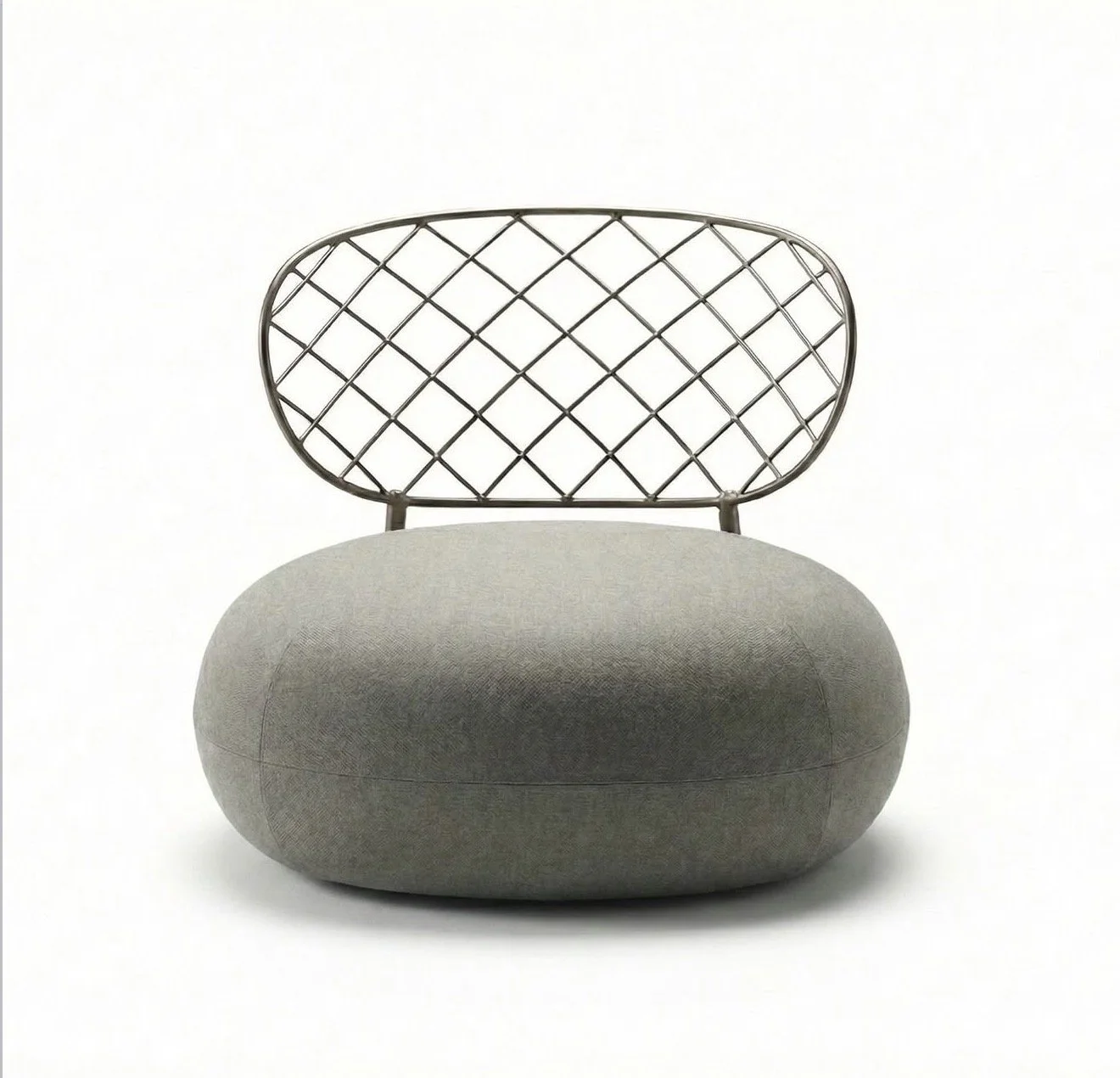 Modern chair with a rounded grey upholstered seat and a backrest made of black metal with a diamond pattern.