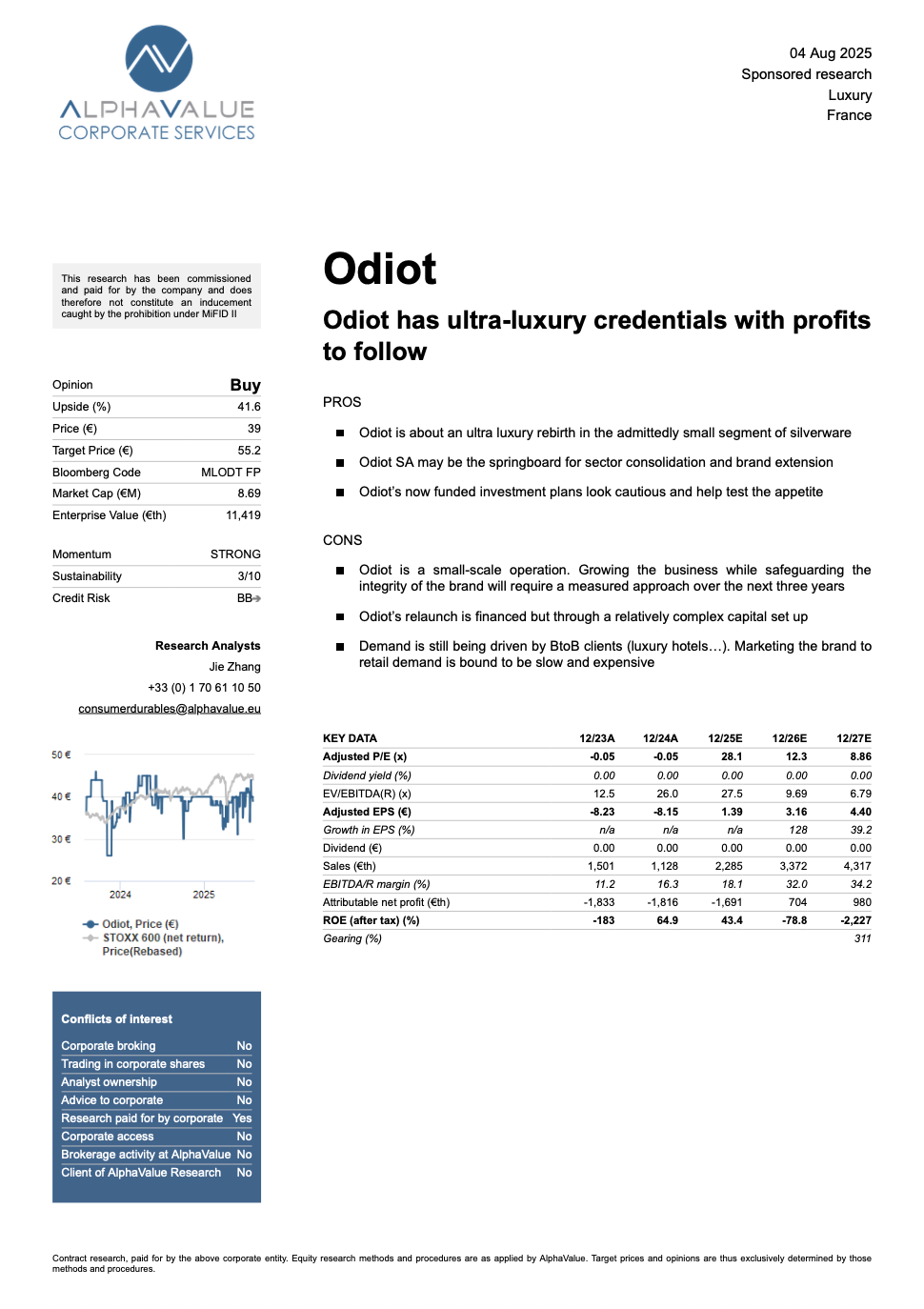ODIOT SA announces the initiation of coverage of its stock by AlphaValue