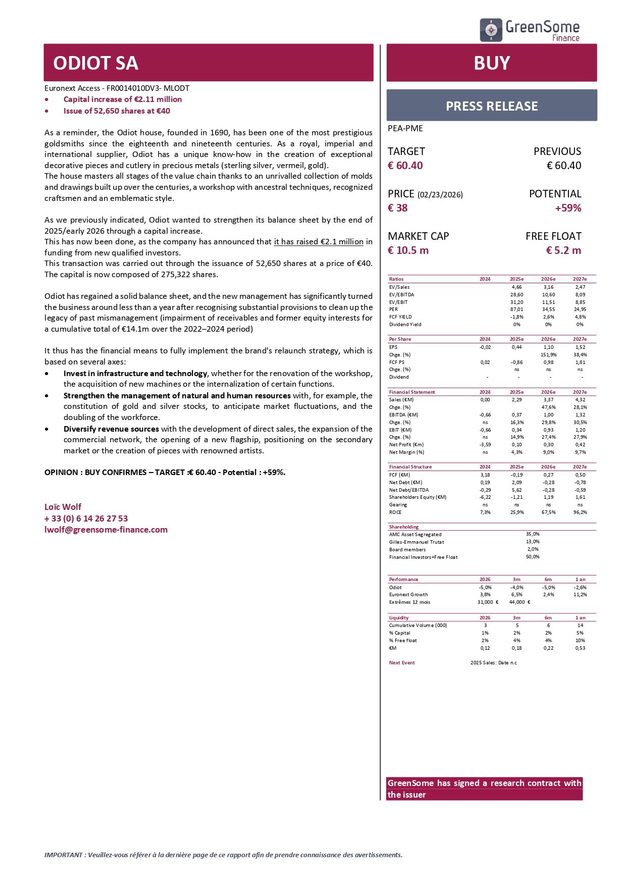 GreenSome Finance reiterates its "Buy" recommendation on ODIOT S.A following its capital increase