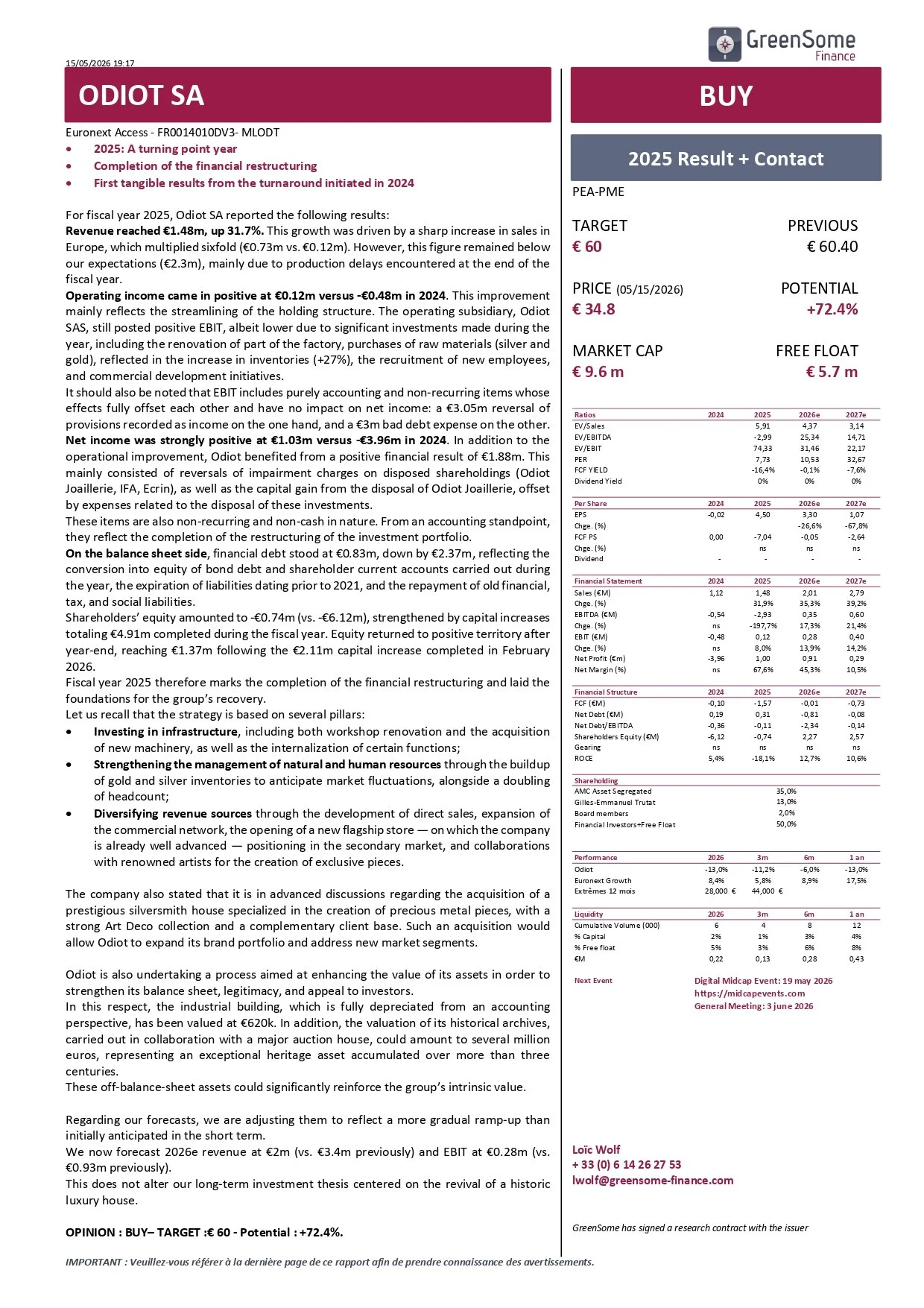 GreenSome Finance Reiterates BUY Rating on ODIOT SA with €60 Target Price