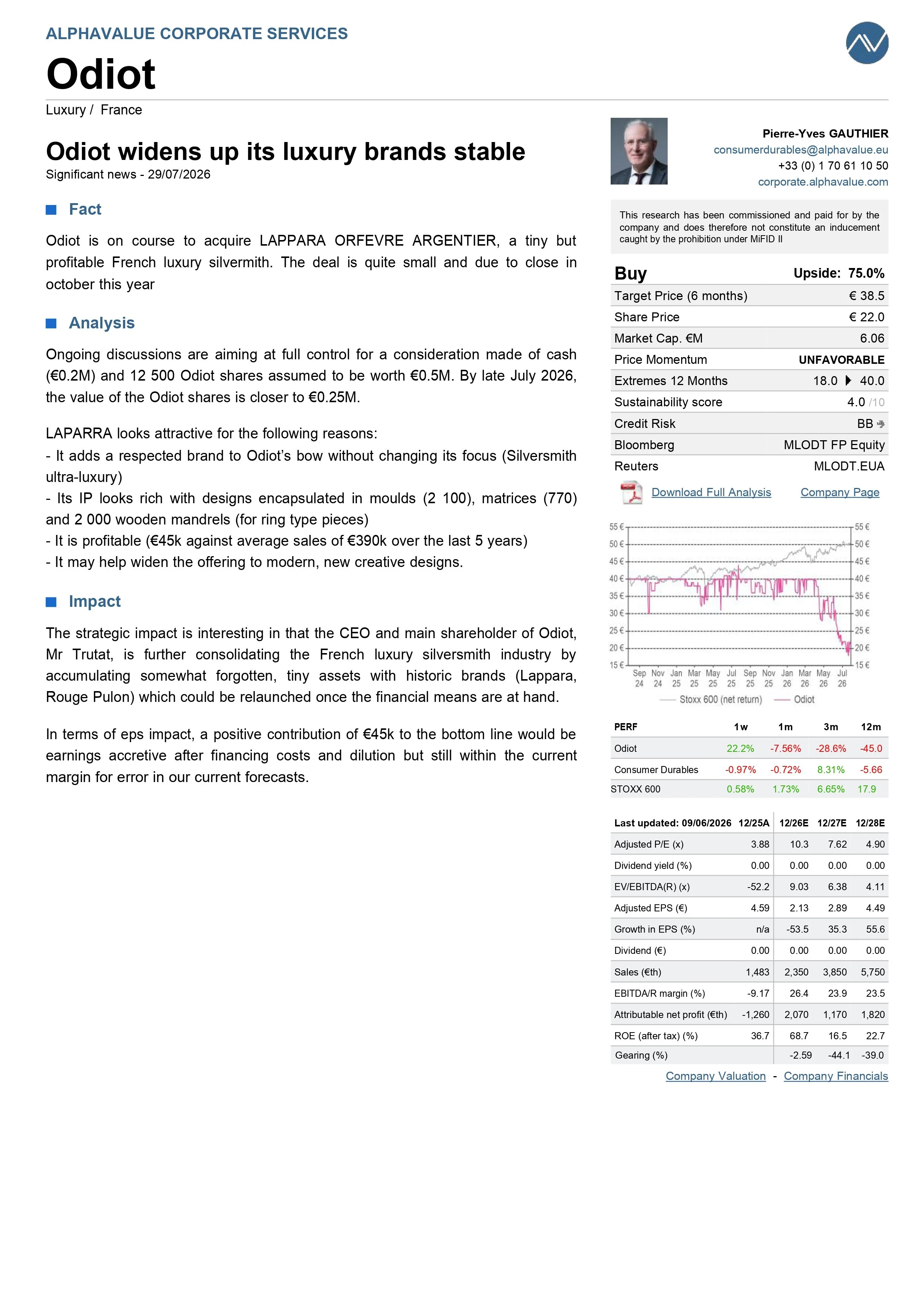 AlphaValue Publishes Research Update on ODIOT S.A.