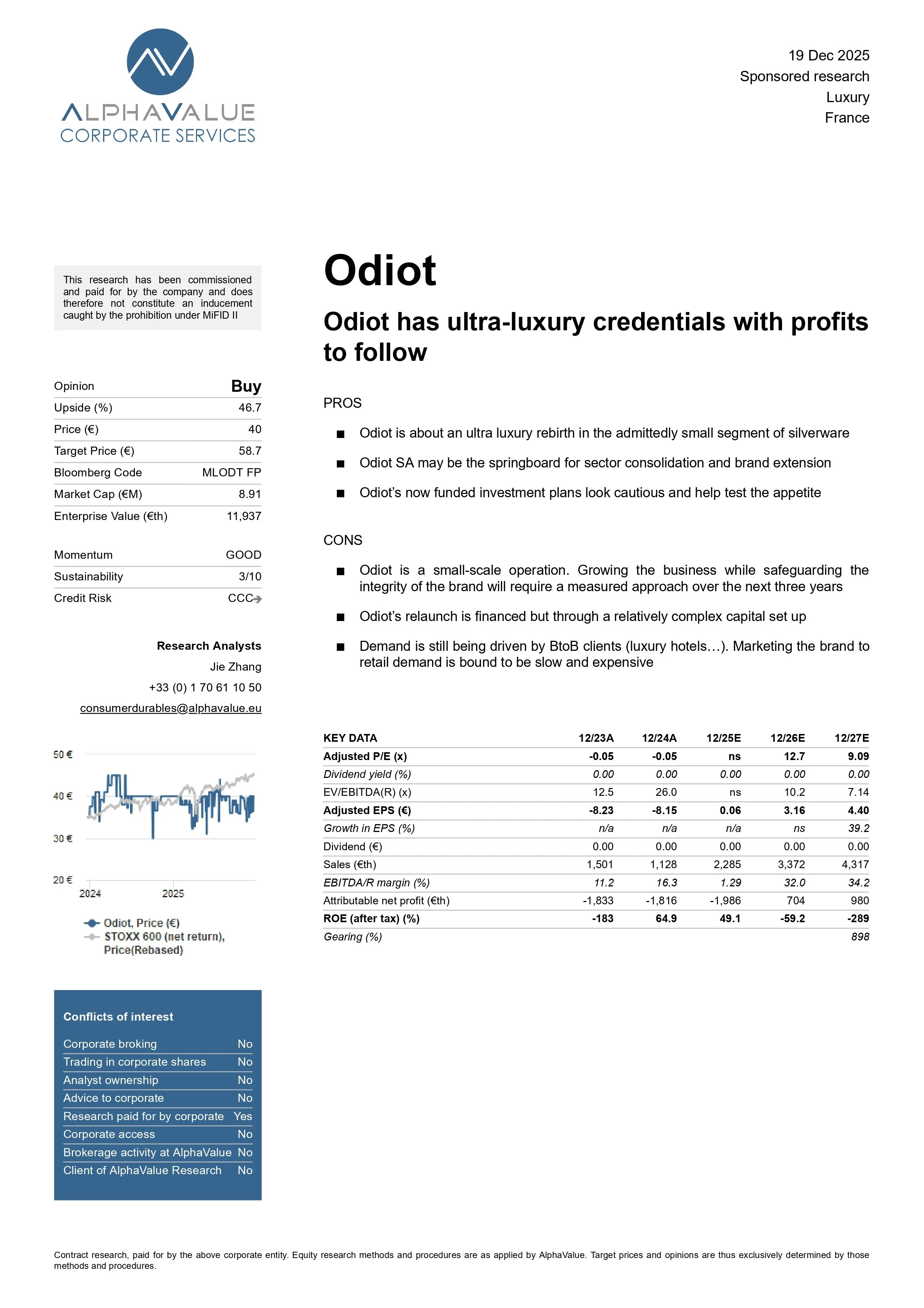 AlphaValue Report on Odiot SA
