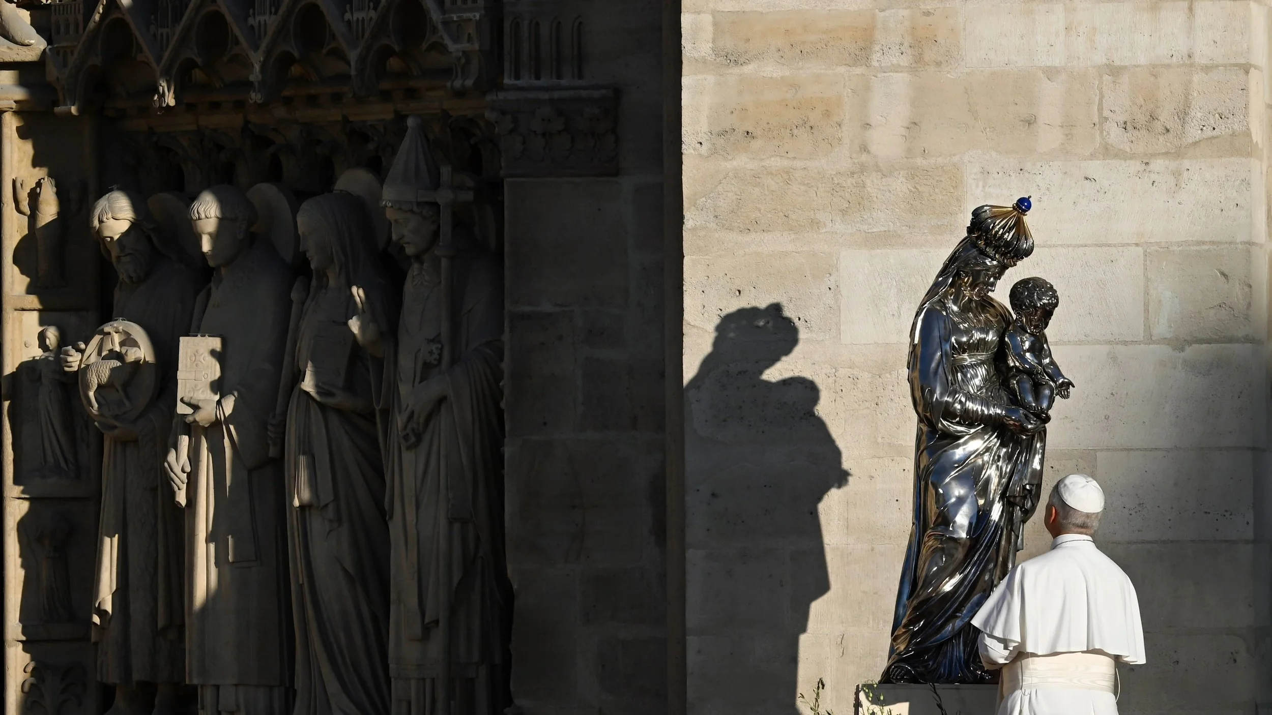 Pope Leo XIV beside the Odiot silver Virgin and Child at Notre-Dame de Paris