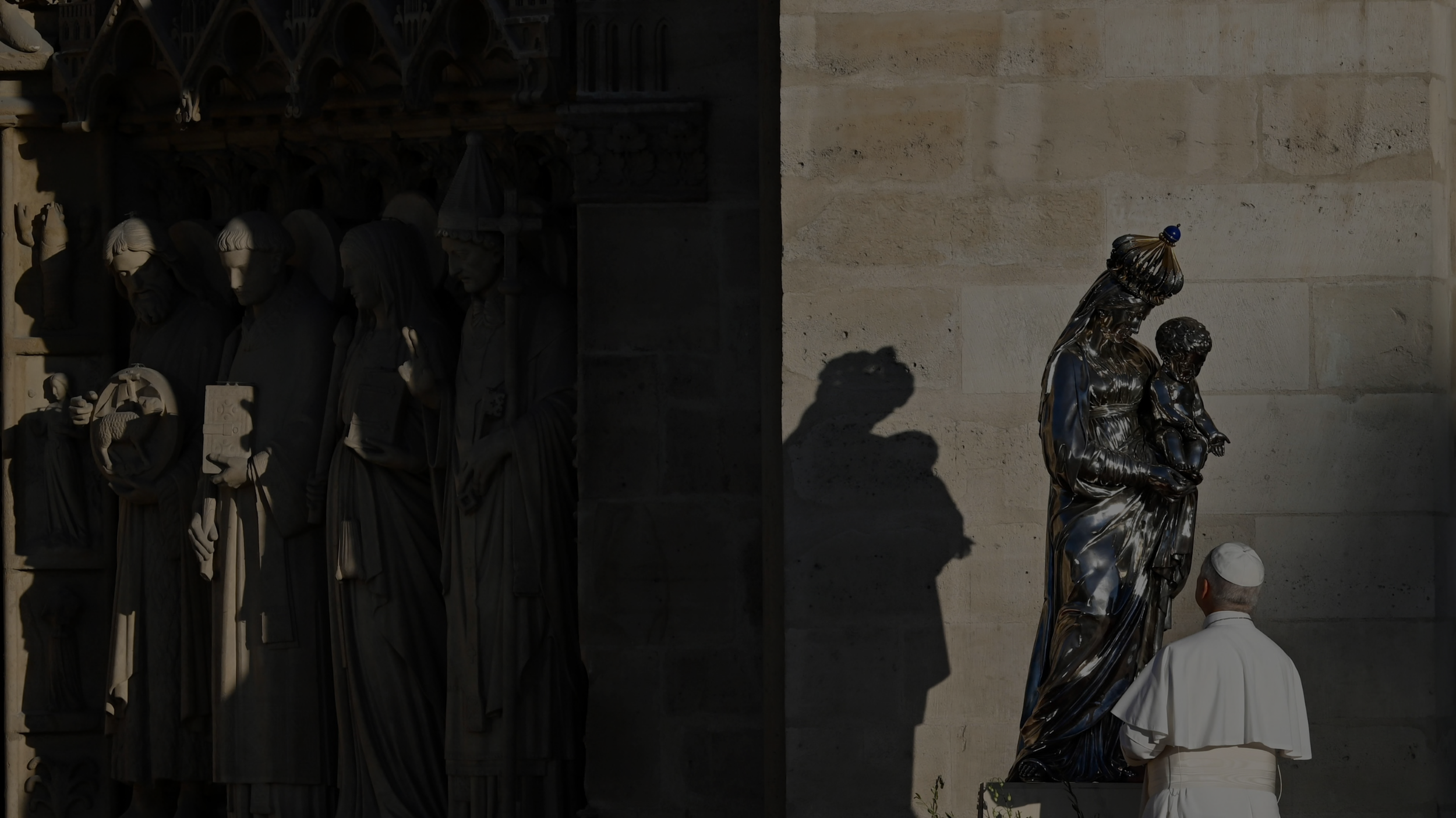 Pope Leo XIV beside the Odiot silver Virgin and Child at Notre-Dame de Paris