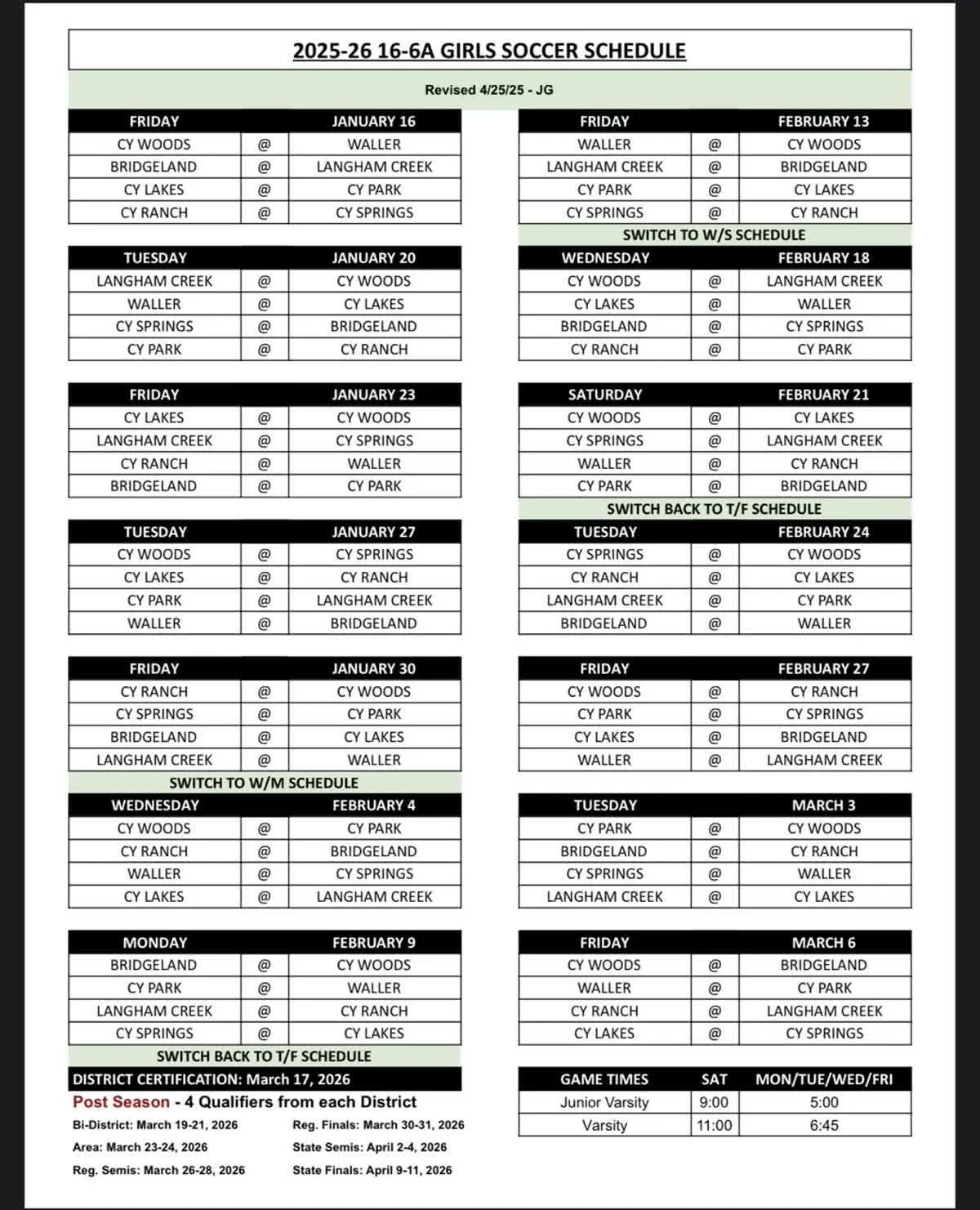 Girls Soccer Schedule
