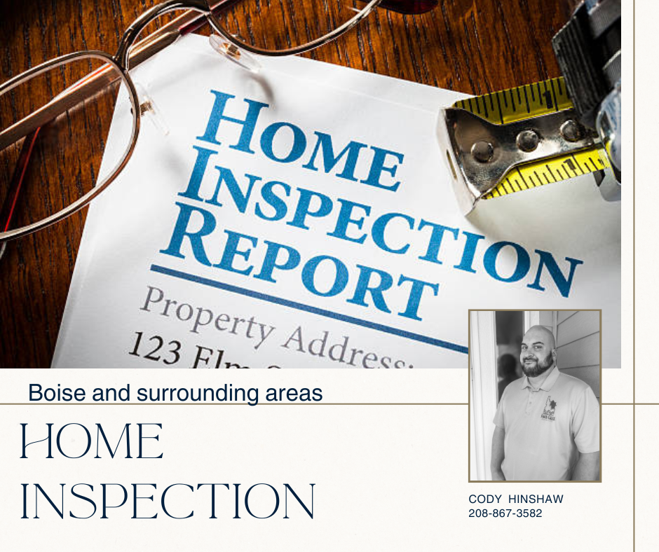 A printed home inspection report with a tape measure, glasses, and a ruler on a wooden surface. An inset black and white photo of a man in a collared shirt labeled Cody Hinshaw with a phone number.