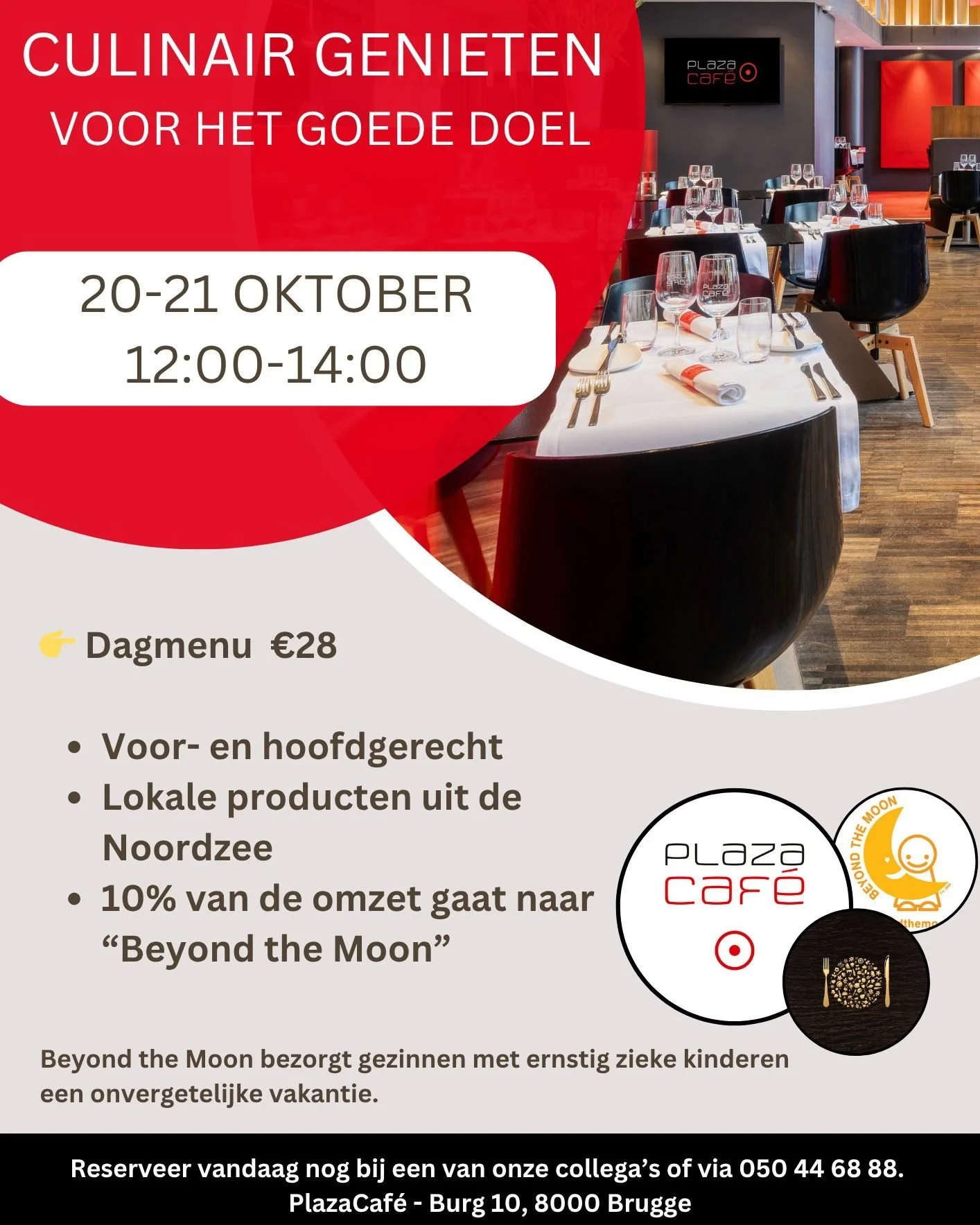 Steun het goede doel! 
Op 20 &amp; 21 oktober serveren we een speciaal menu met Noordzeeproducten.
✨ 10% van de omzet gaat naar @beyondthemoon_npo, een organisatie die gezinnen met een ernstig ziek kind een onvergetelijke vakantie schenkt.

👉 Reserv