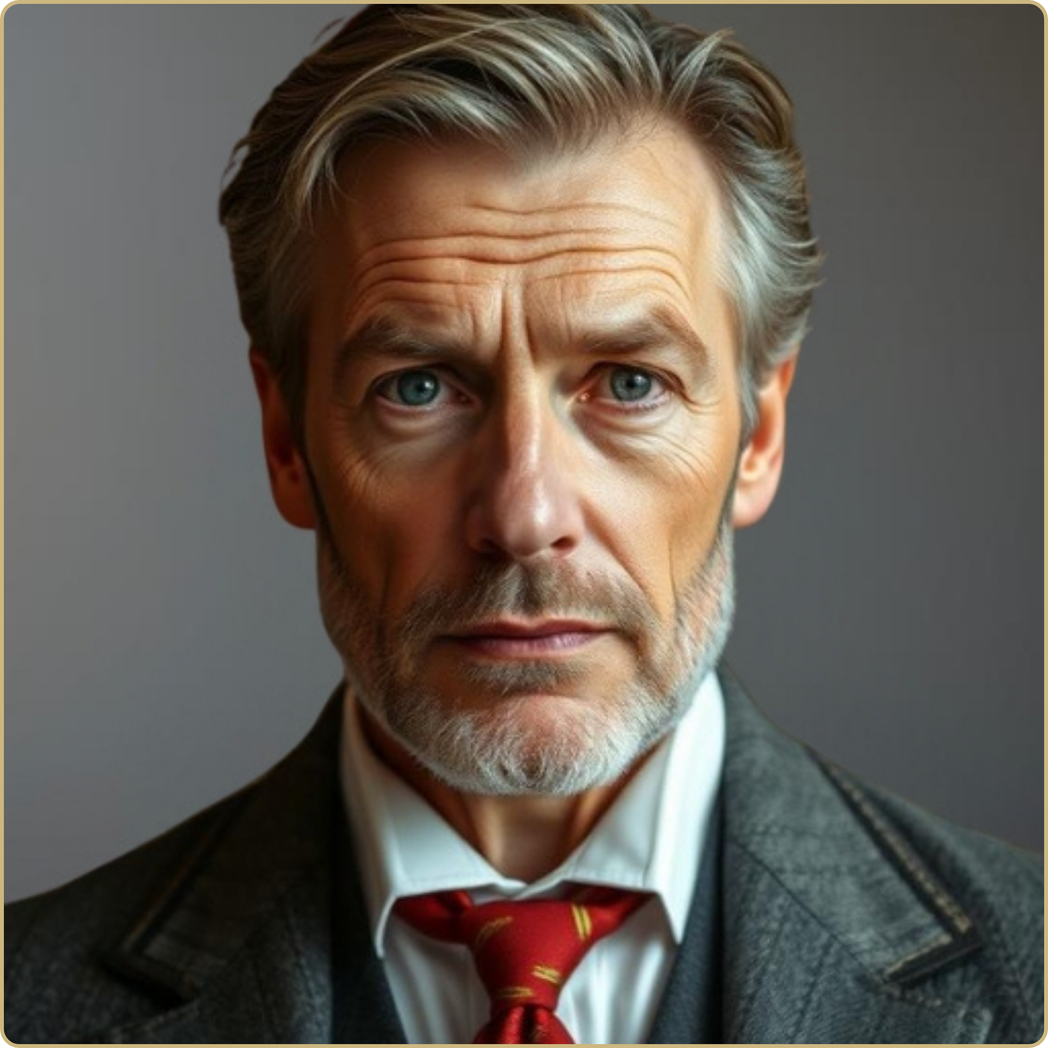 Close-up portrait of an older man with gray hair, blue eyes, and a beard, wearing a suit, white shirt, and red tie, against a gray background.