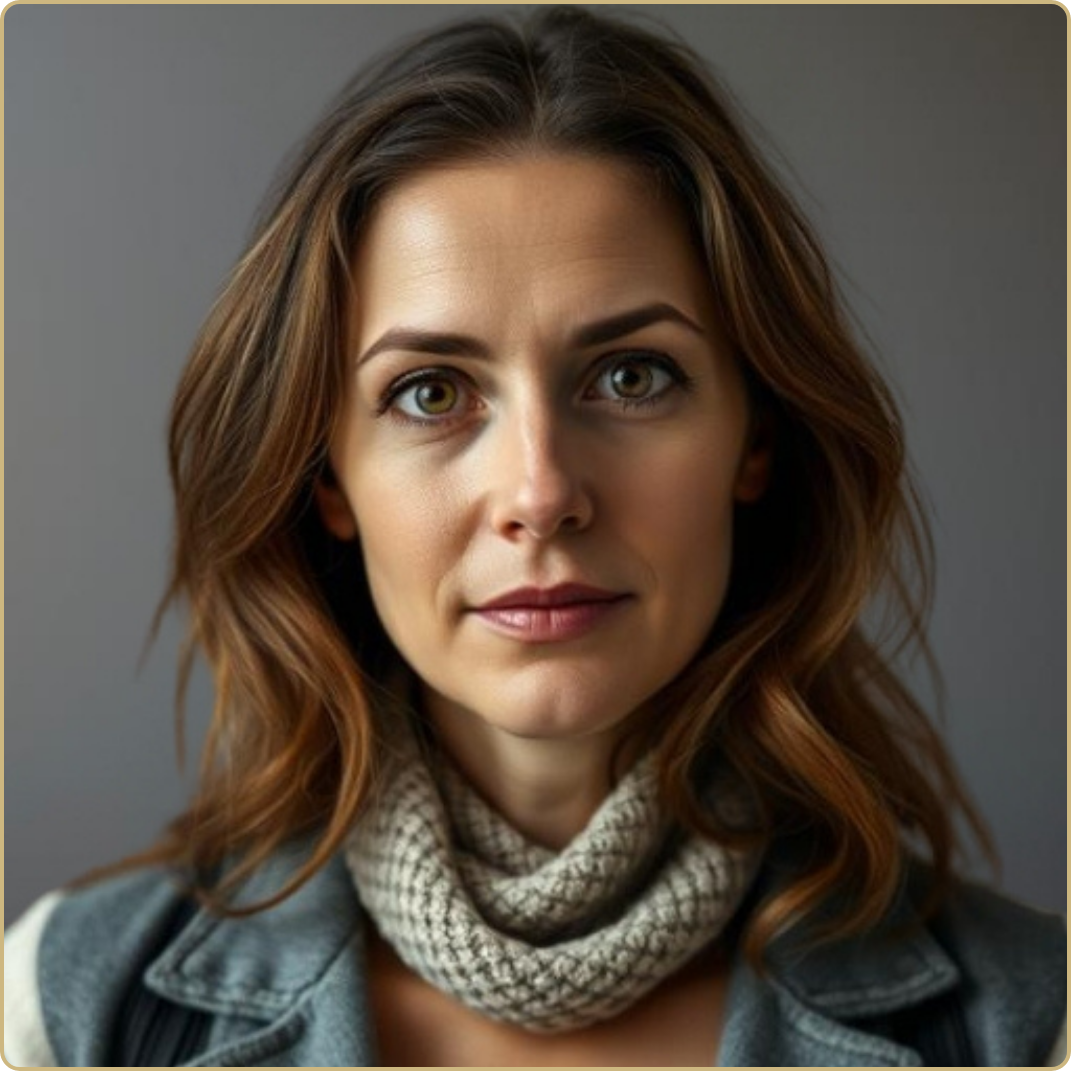 Close-up portrait of a woman with shoulder-length wavy brown hair, wearing a beige patterned scarf and a gray jacket, against a plain gray background.