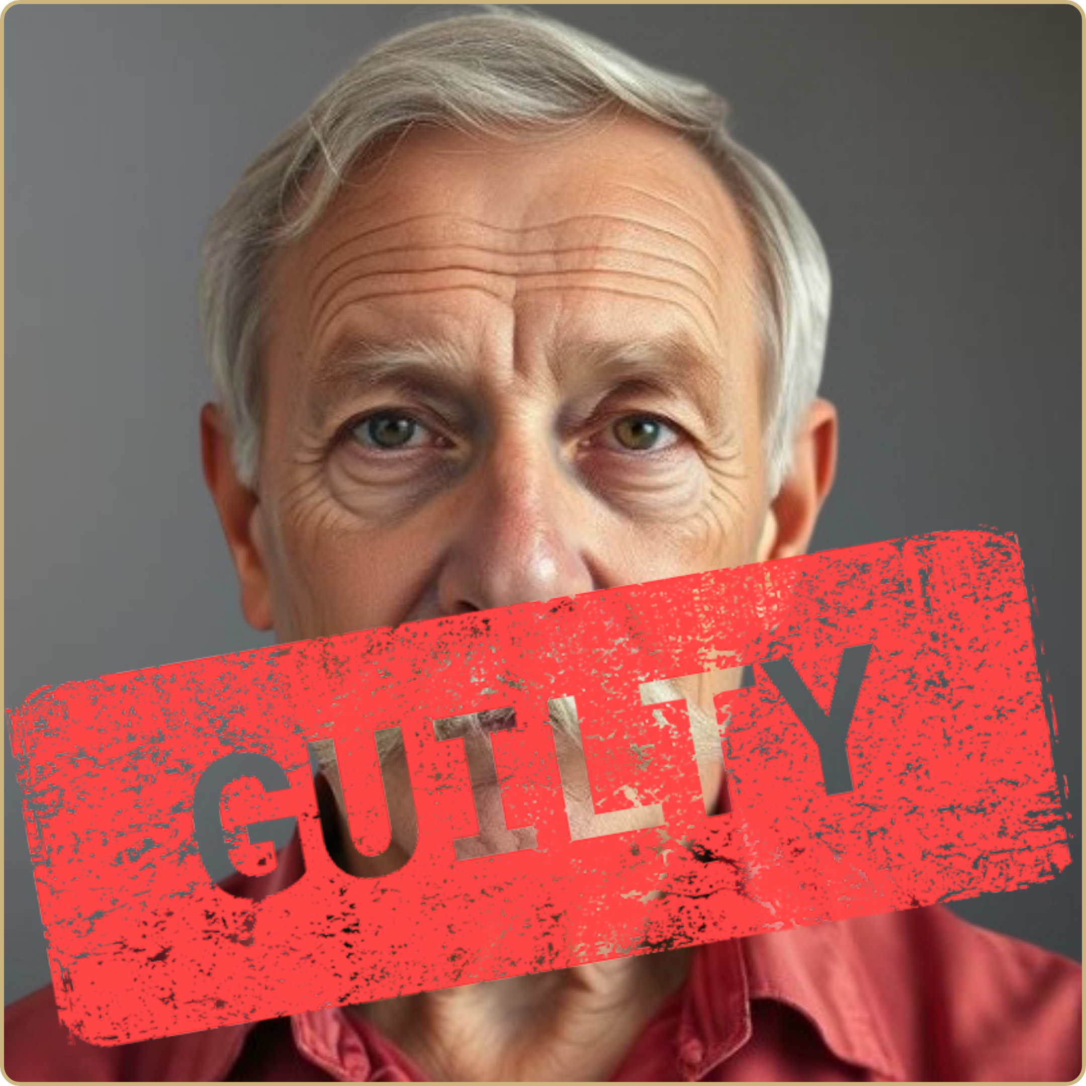 A close-up portrait of an older man with gray hair and blue eyes, with a stern expression, partially obscured by a red stamp reading 'GUILTY'.