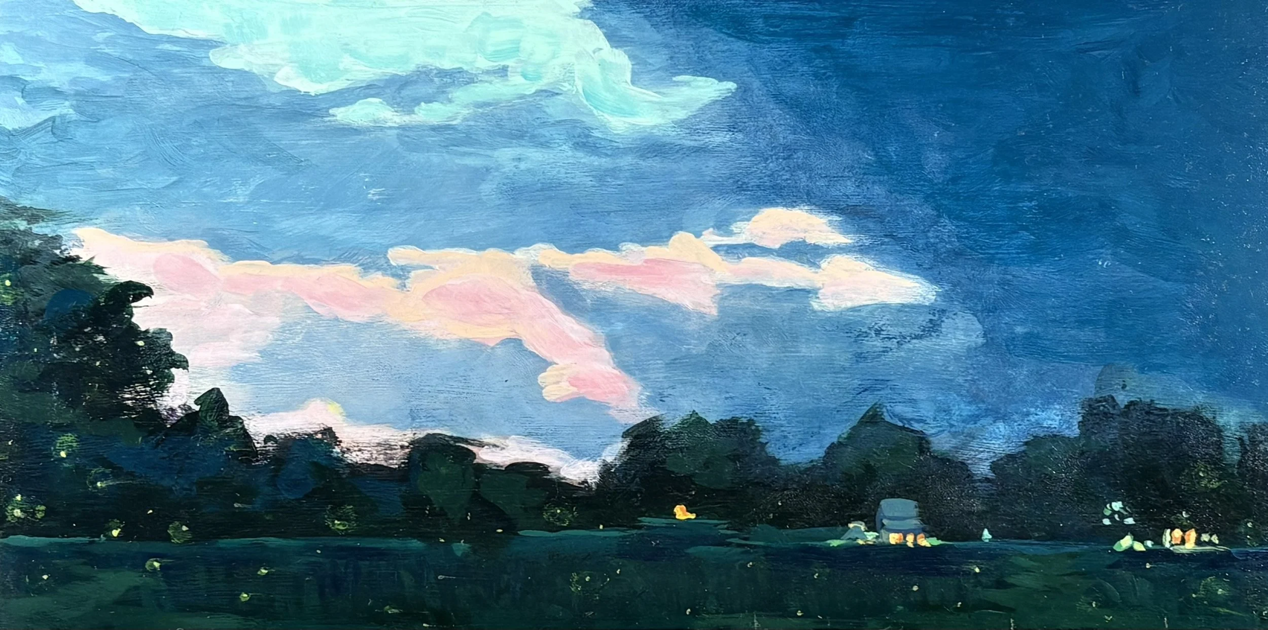 A painting of a night sky with clouds, trees, and houses with lights.