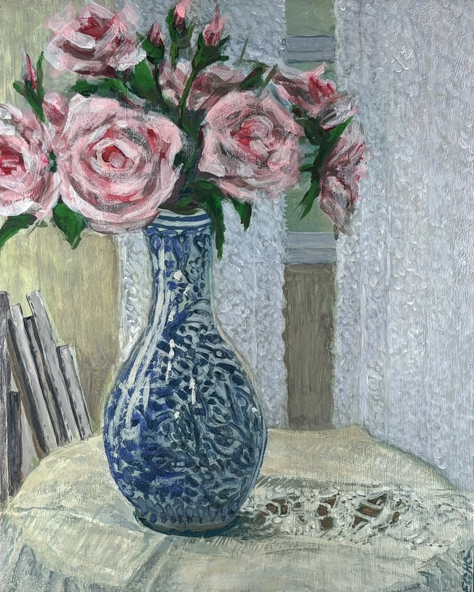 A painting of pink roses in a blue and white patterned vase on a beige table, with a textured background.