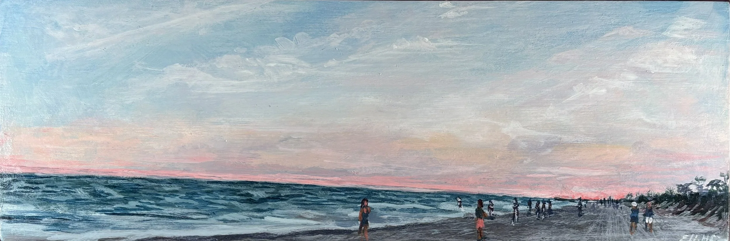 Painting of a beach scene at sunset with several people, some standing and some walking, near the water with trees on the right.