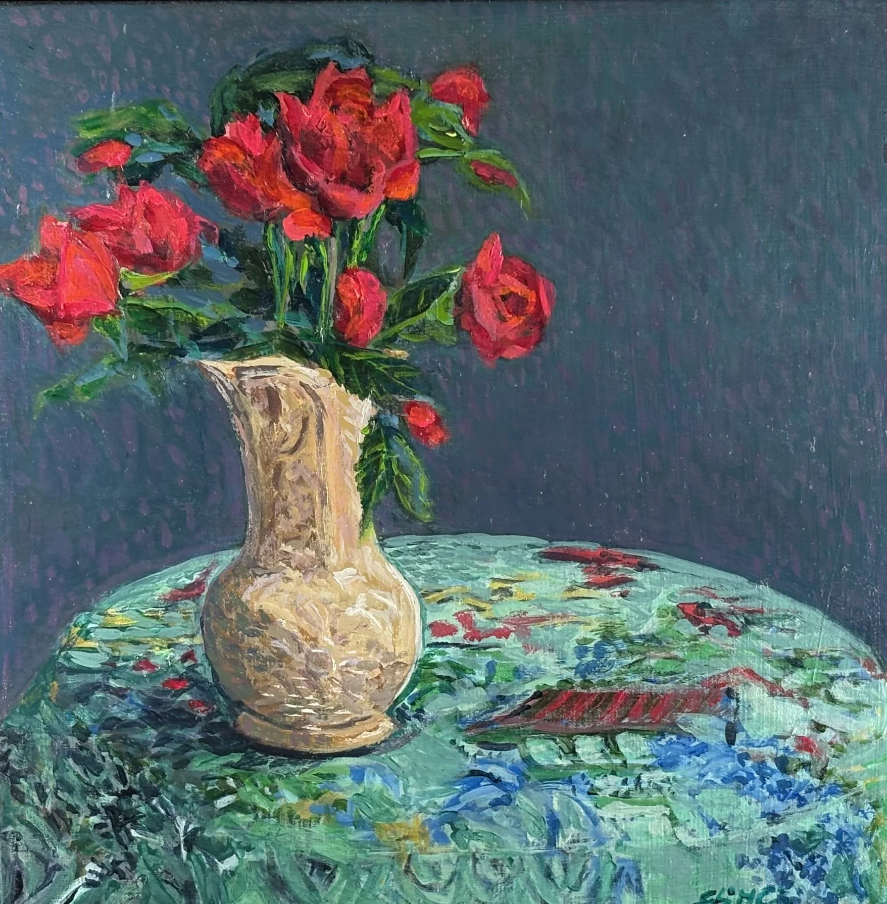 Painting of red roses in a beige vase on a green tablecloth against a dark purple background.