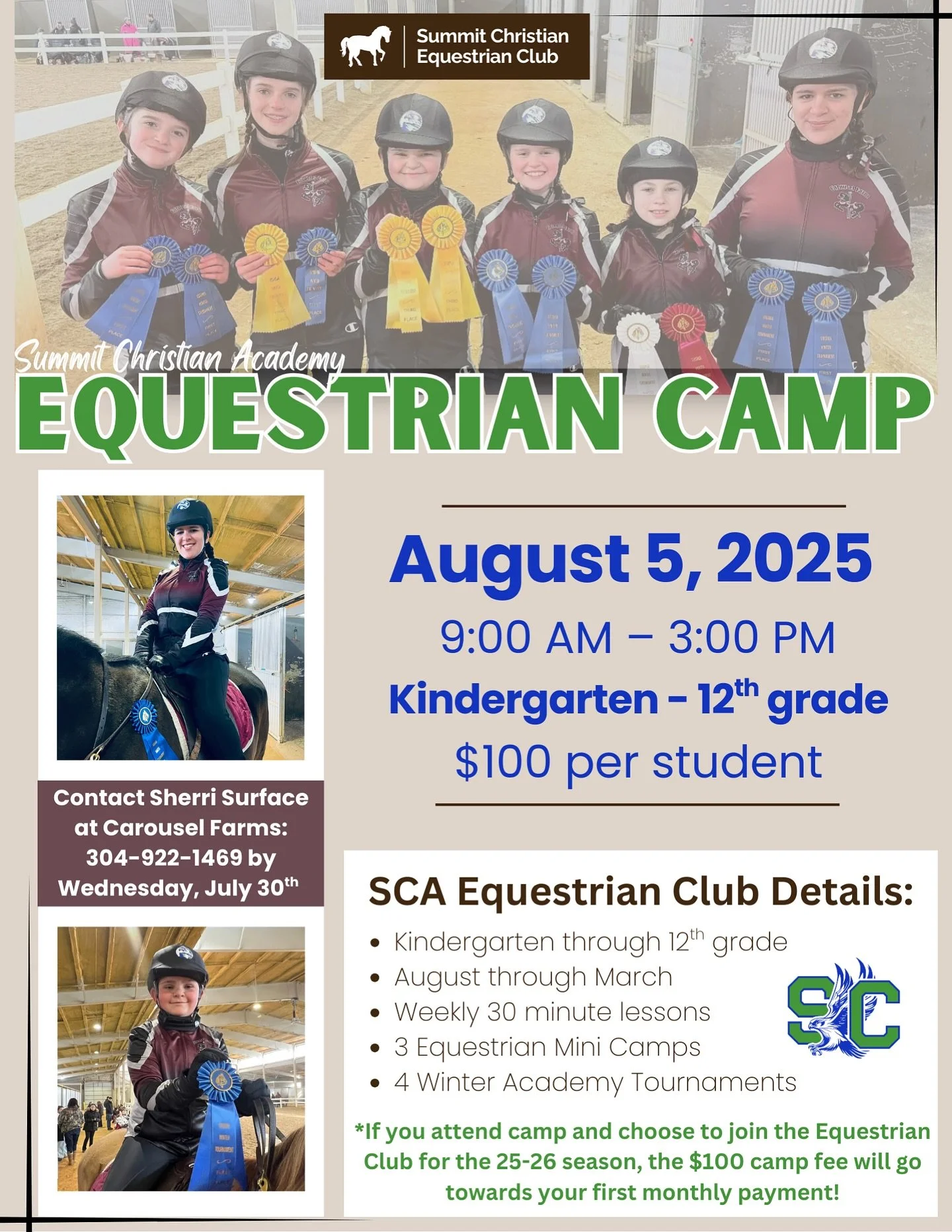 โจ NEW THIS YEAR! โจโจ๐ด Summit Christian Academy Equestrian Camp ๐ด
We’re excited to announce sign-ups for our brand-new Equestrian Camp — a fun-filled day of learning, riding, and horse-themed activities! ๐
๐
Date: Tuesday, August 5thโจ