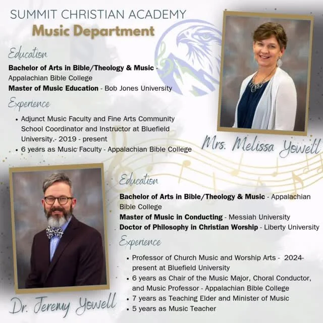 ๐ถ Welcome Dr. Jeremy & Mrs. Melissa Yowell to the SCA Music Department! ๐ถ
We are thrilled to welcome Dr. Jeremy Yowell and Mrs. Melissa Yowell to the Summit Christian Academy family!
๐ Mrs. Yowell will be teaching elementary and middle schoo