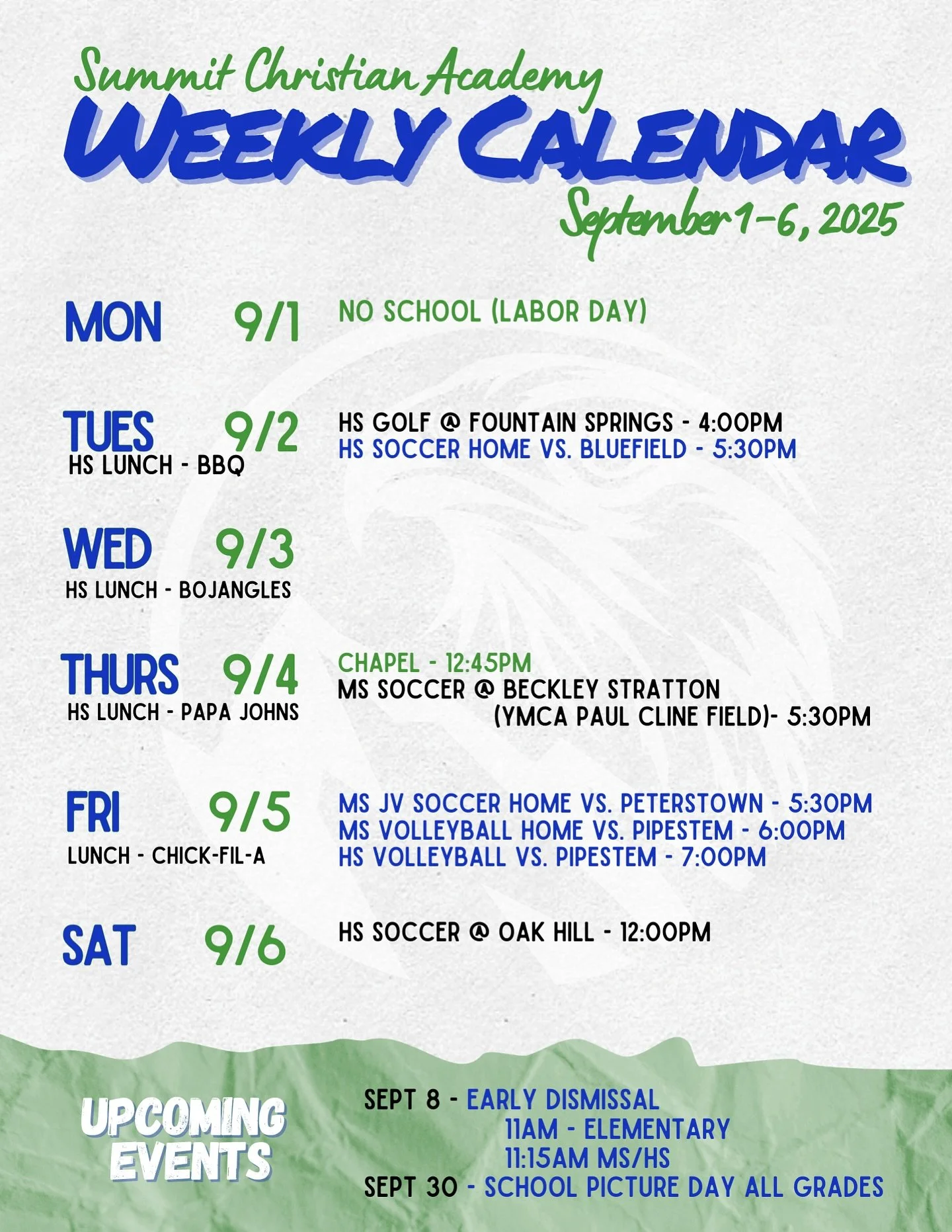 Weekly Calendar for September 1st-6th, 2025 ποΈ