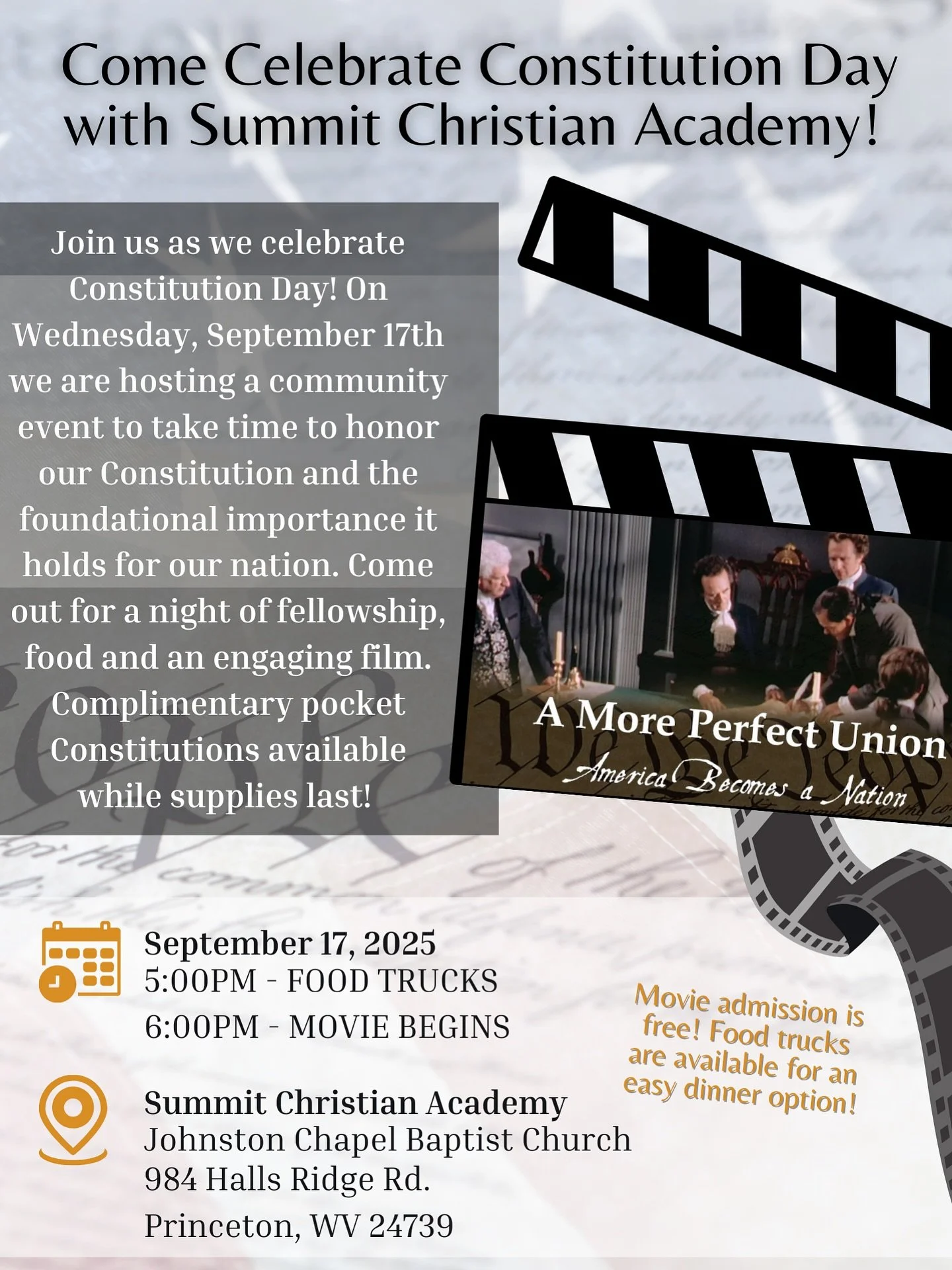Celebrate Constitution Day with Summit Christian Academy! πΊπΈ
Join us on Wednesday, September 17, 2025 for a special community event honoring the U.S. Constitution!
β¨ Event Details:β¨π 5:00 PM – Food Trucks (easy dinner option!)β¨π₯ 6:00 PM &