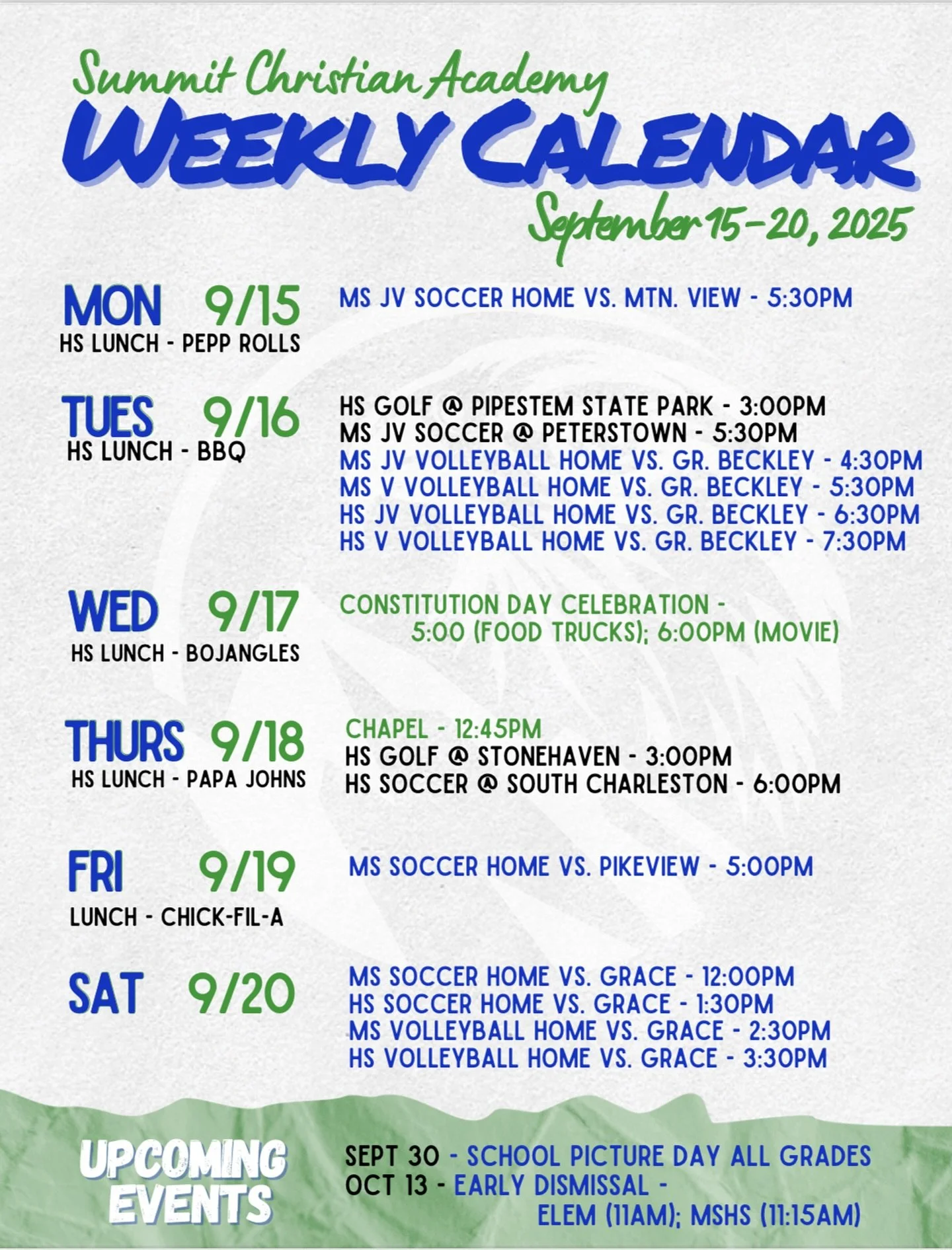 Weekly calendar for September 15-20, 2025 ποΈ