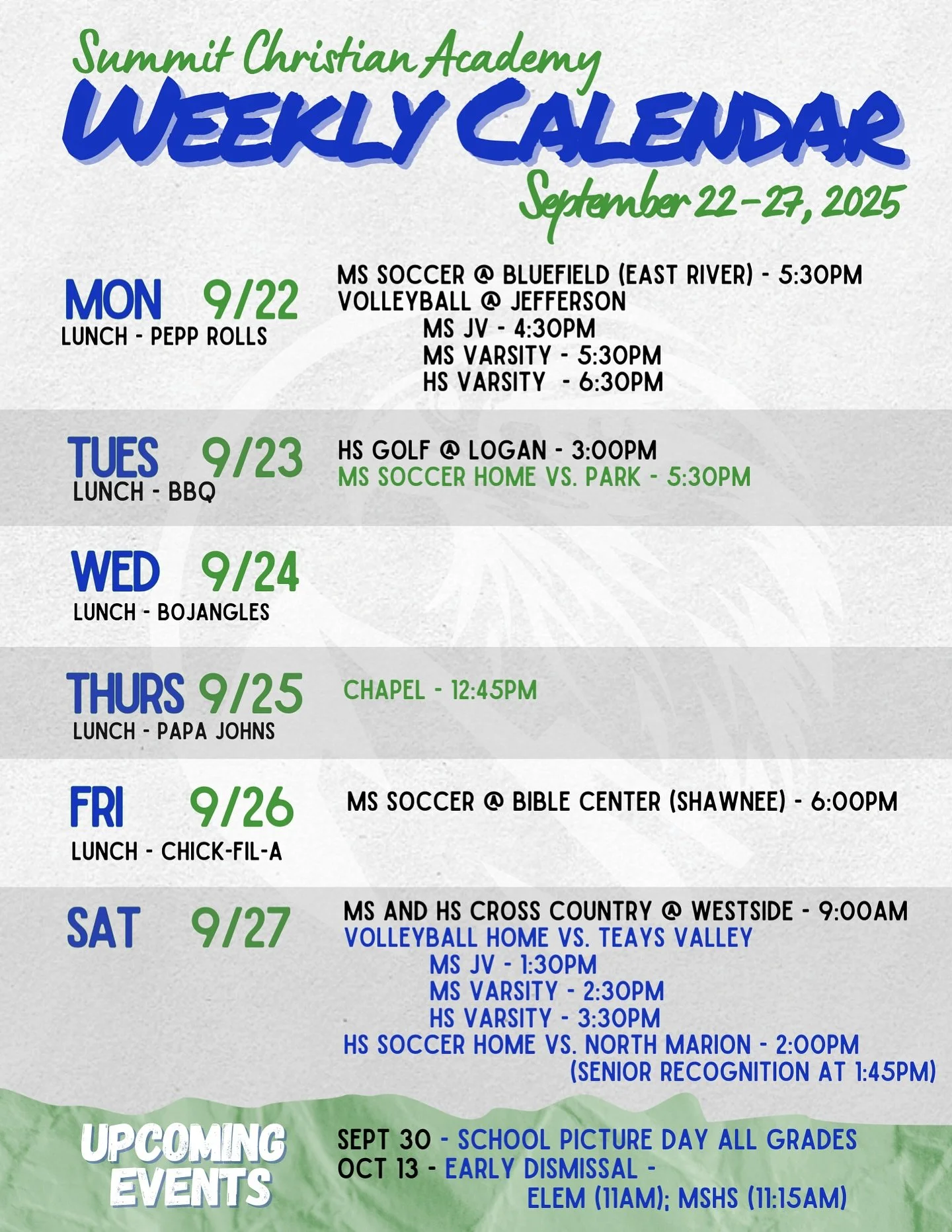 Weekly calendar for September 22-27, 2025 ποΈ