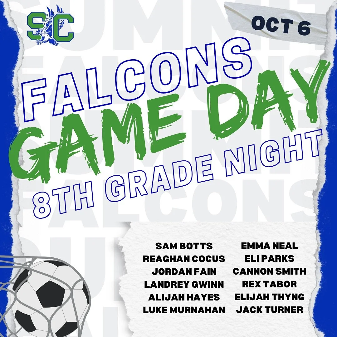 Let’s go Falcons! πβ½οΈππ 
•••
Middle school soccer 
π Bluefield
β° 5:00pm 
 (we will recognize 8th graders at 4:40pm)
π SCA
•••
High school volleyball
π Ballard
β° 6:00pm
π Ballard