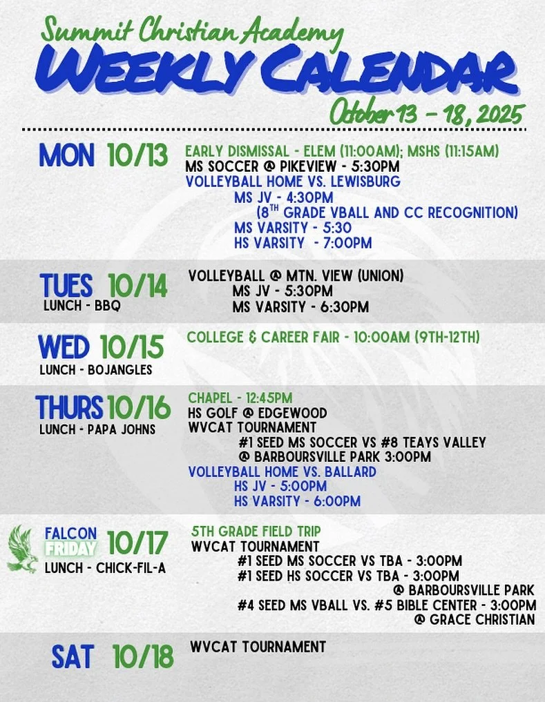 Weekly calendar for October 13-18, 2025 ποΈ