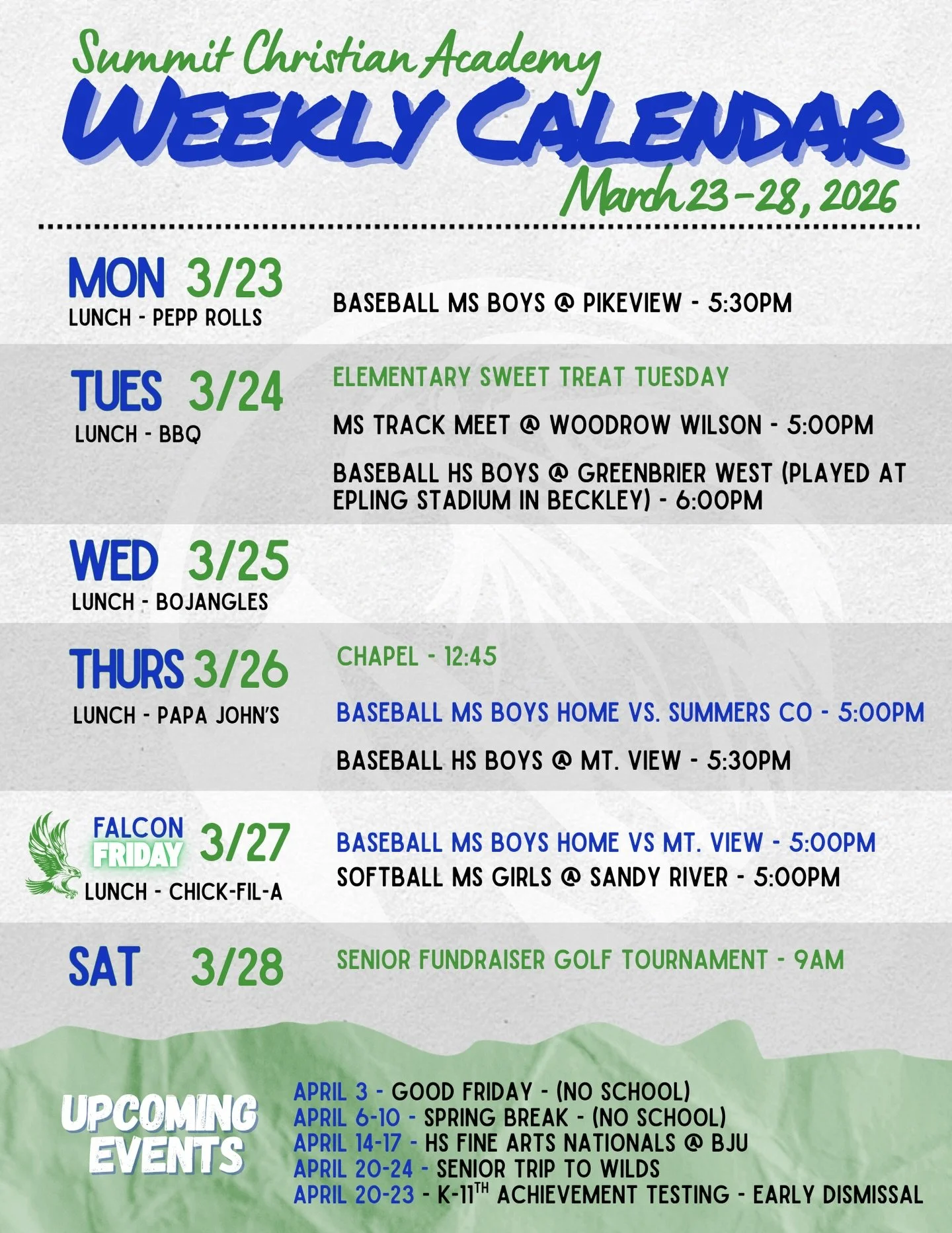 Weekly calendar for March 23rd-28th, 2026. 🗓️