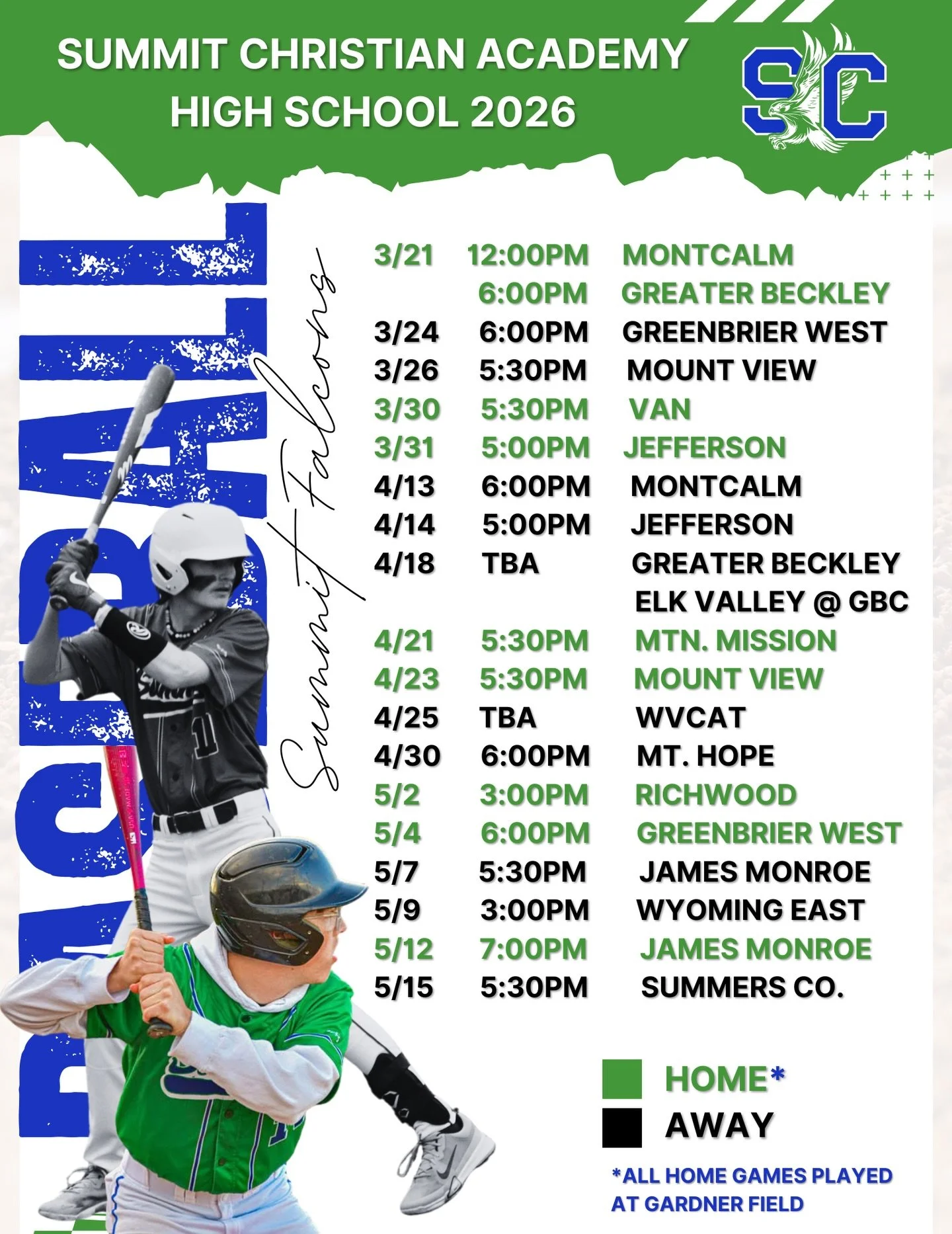 It&rsquo;s opening day for our high school baseball team! 
Our boys play at 12pm against Montcalm and 6pm against Greater Beckley. 
*All high school home games will be played at Gardner Field. 
Let&rsquo;s go Falcons! 💚⚾️💙