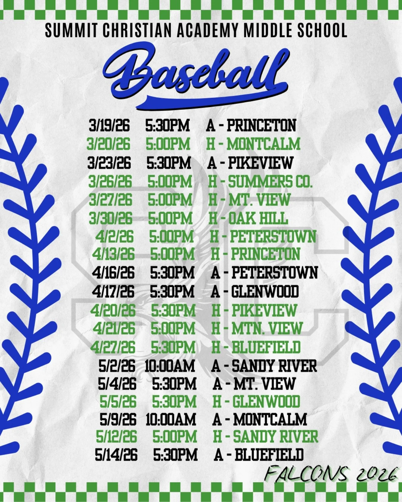 Baseball season is here! Below is the schedule for our middle school team. They begin their season tonight against Princeton Middle School at Hunnicutt Stadium at 5:30pm. 

Let&rsquo;s go Falcons! 💚⚾️💙